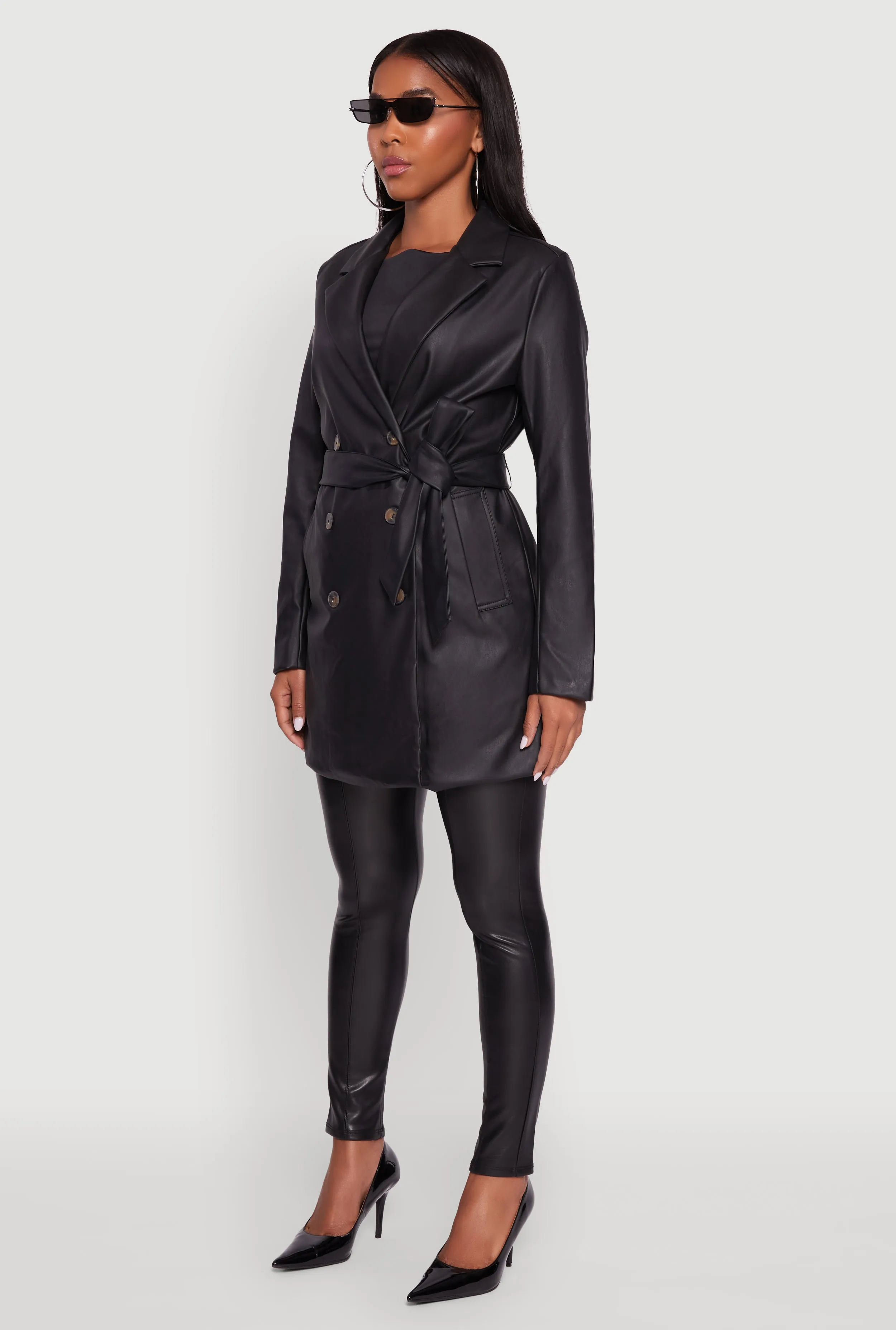 Faux Leather Double Breasted Trench Coat with Tie Waist Belt sold by Rainbow product image thumbnail 5