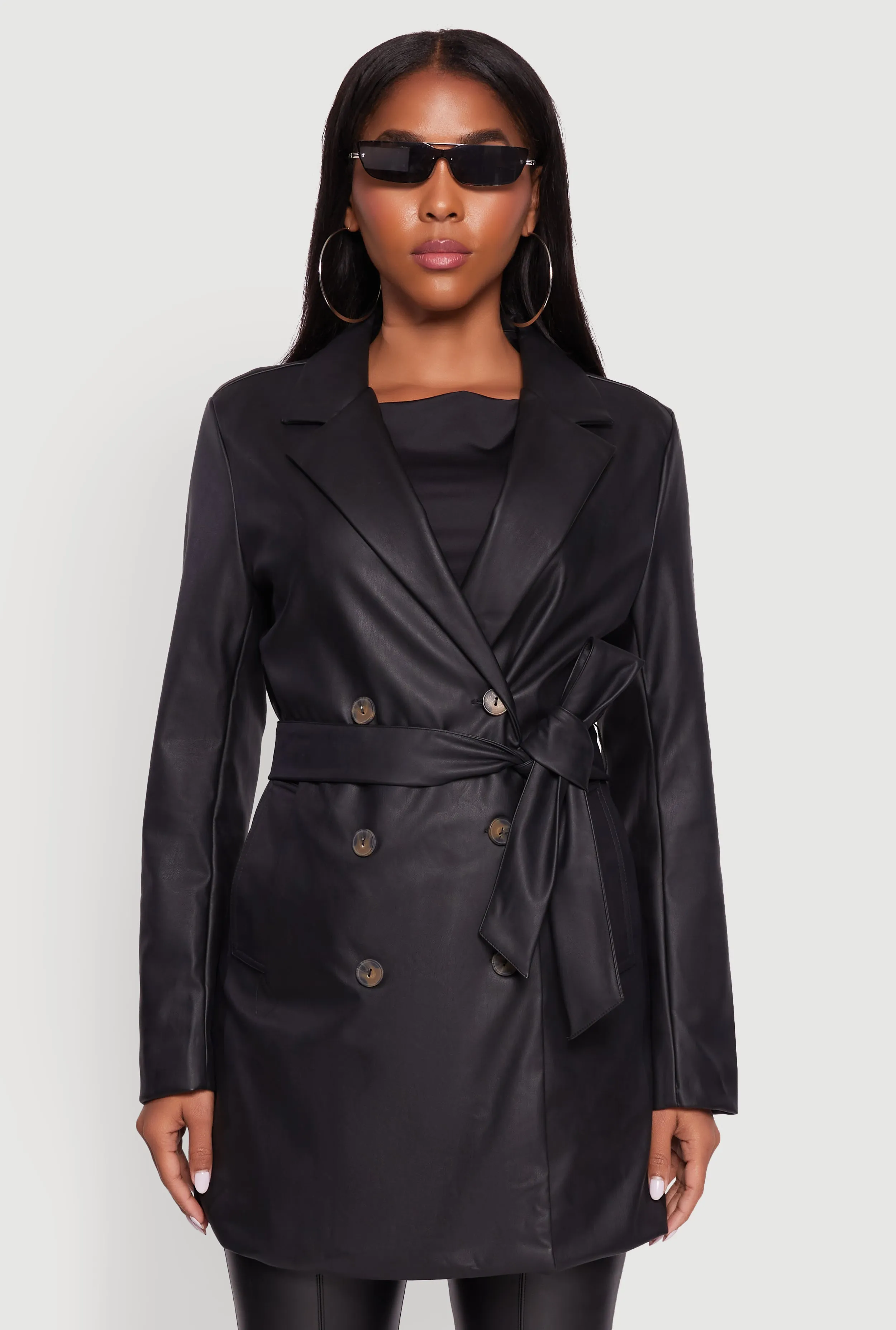 Faux Leather Double Breasted Trench Coat with Tie Waist Belt sold by Rainbow product image thumbnail 2