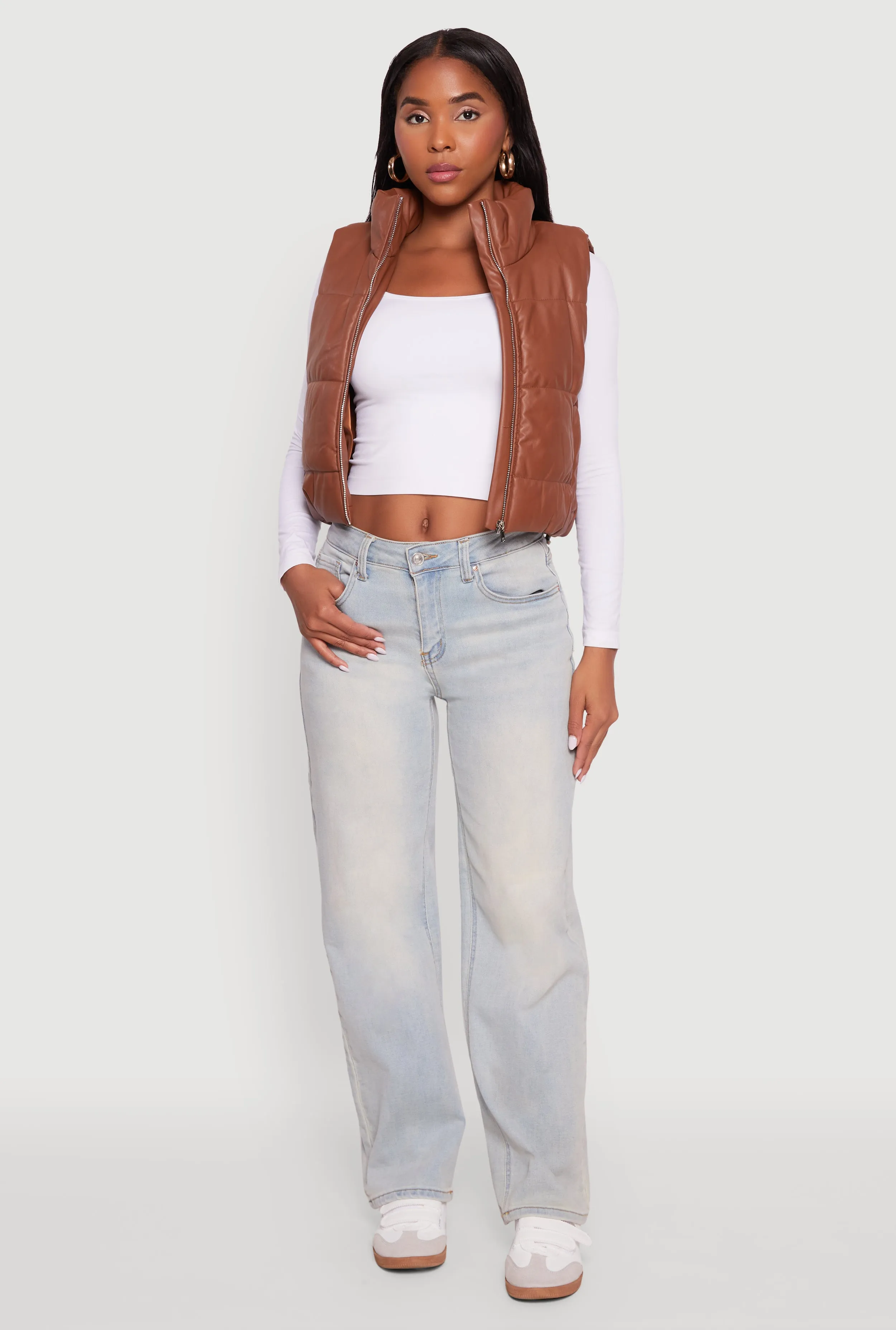 Faux Leather Mock Neck Puffer Vest sold by Rainbow