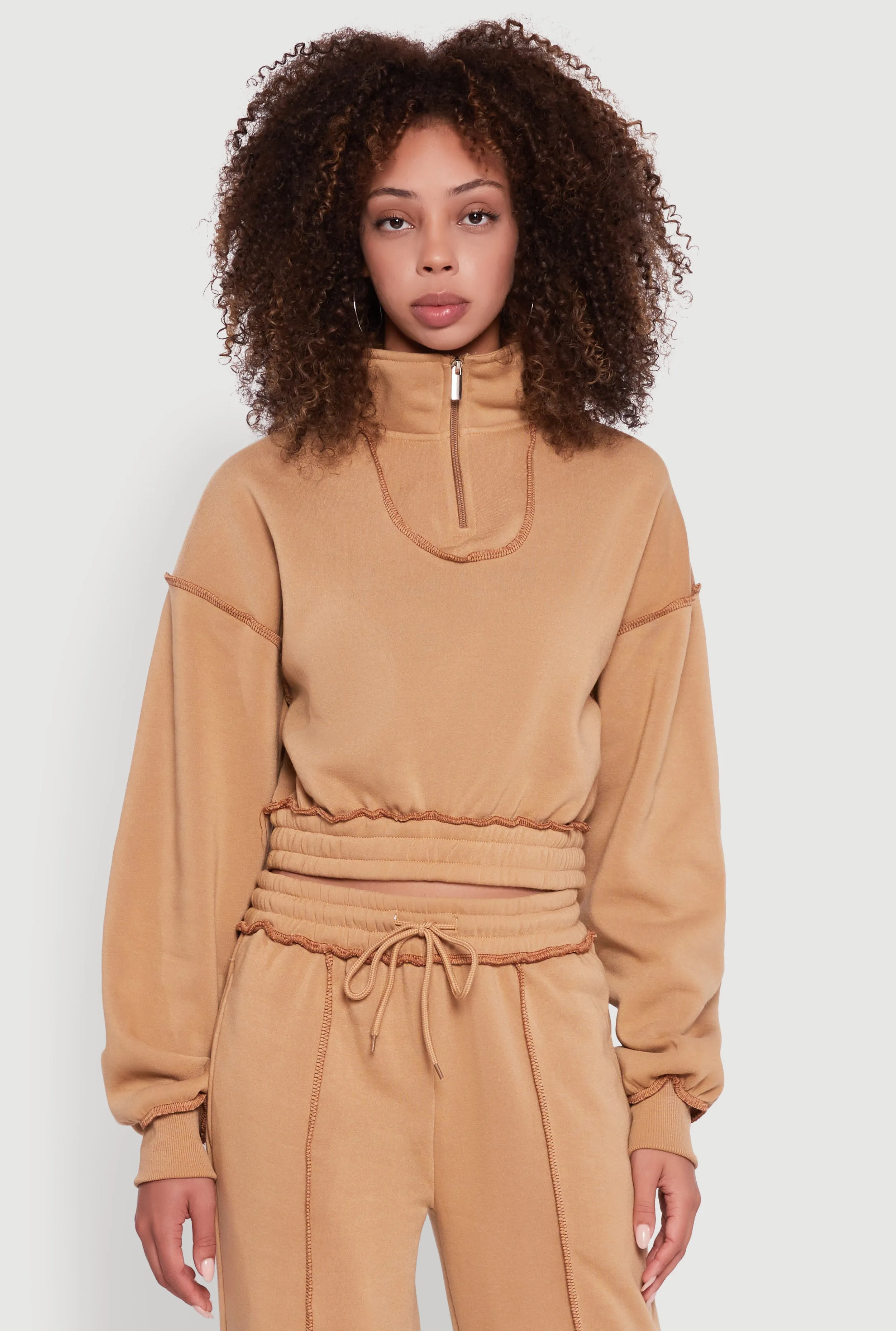 Mock Neck Half Zip Cropped Pullover Sweatshirt sold by Rainbow