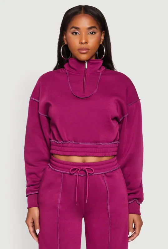 Mock Neck Half Zip Cropped Pullover Sweatshirt sold by Rainbow
