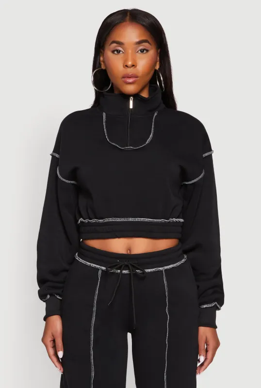 Mock Neck Half Zip Cropped Pullover Sweatshirt sold by Rainbow
