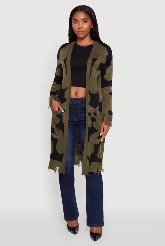 Camouflage Open Front Long Cardigan with Pockets sold by Rainbow