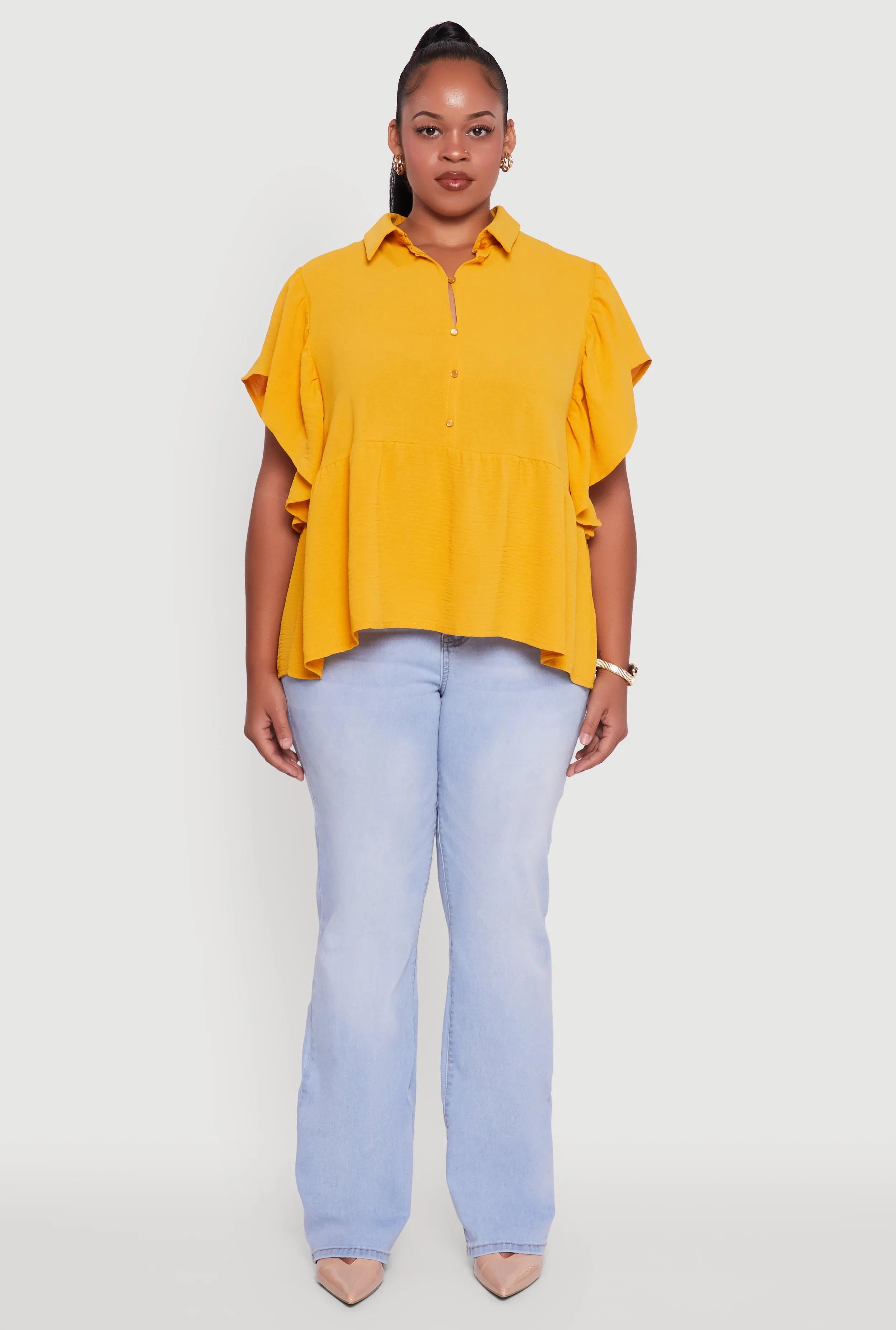 Plus Size Crepe Knit Button Front Peplum Blouse sold by Rainbow product image thumbnail 3