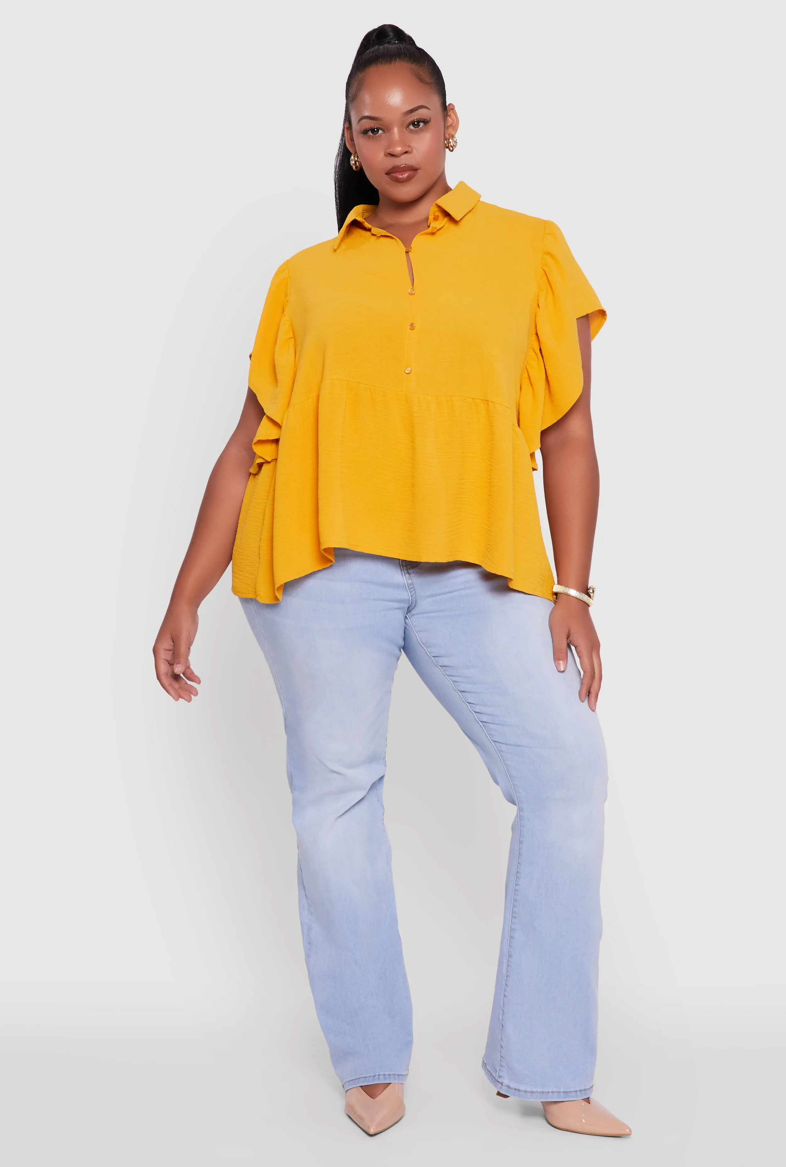 Plus Size Crepe Knit Button Front Peplum Blouse sold by Rainbow