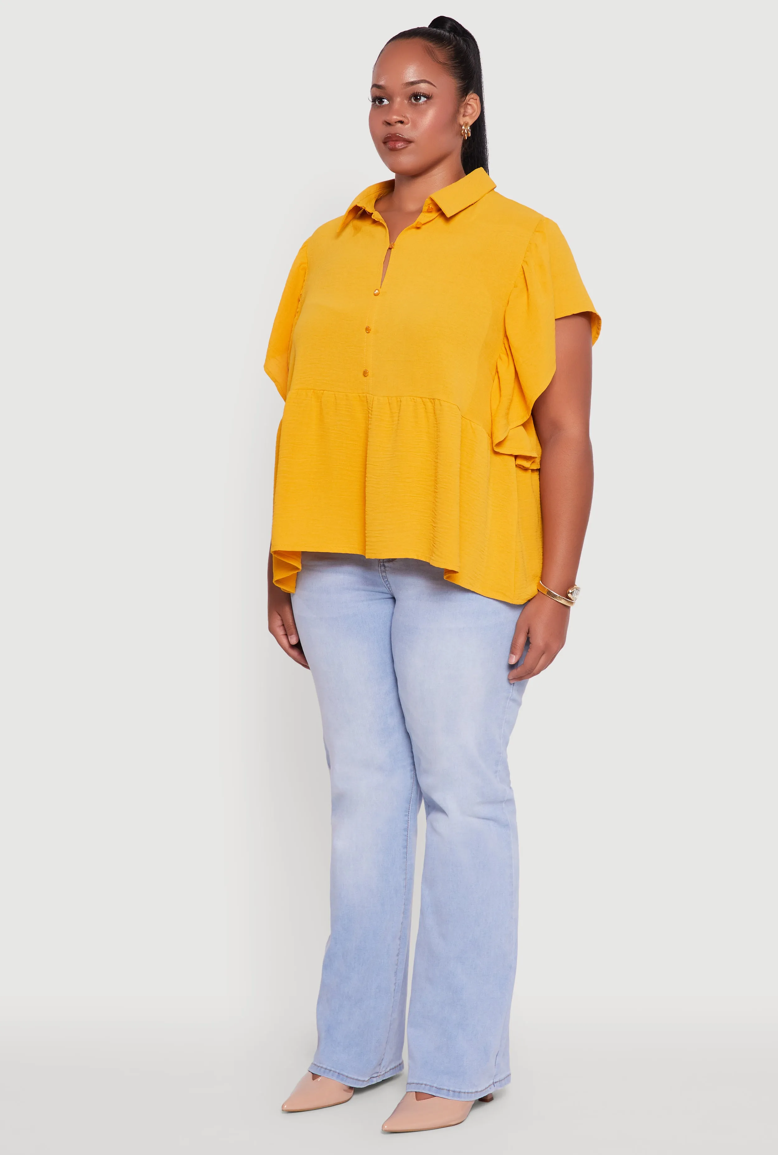 Plus Size Crepe Knit Button Front Peplum Blouse sold by Rainbow product image thumbnail 5