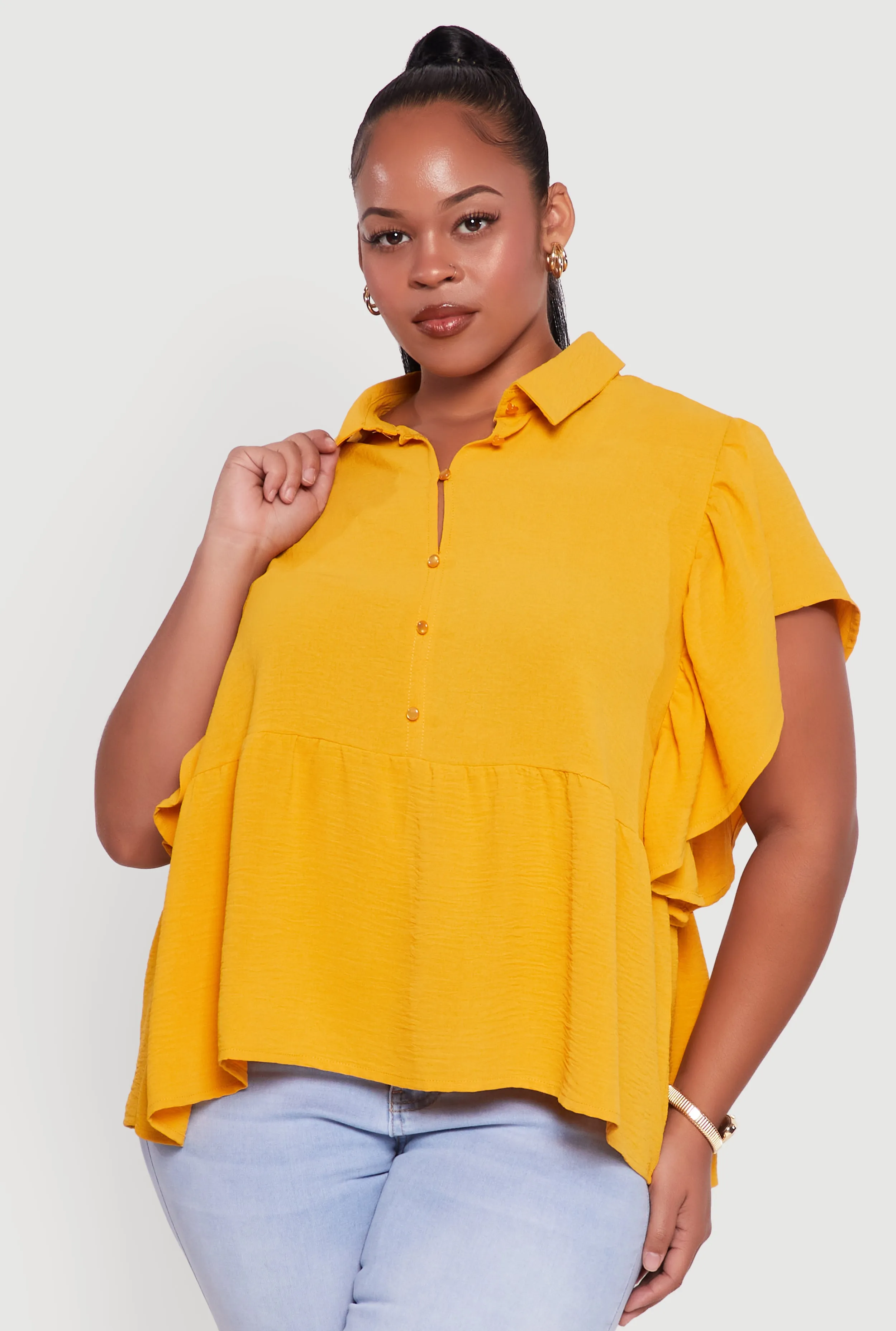 Plus Size Crepe Knit Button Front Peplum Blouse sold by Rainbow product image thumbnail 2