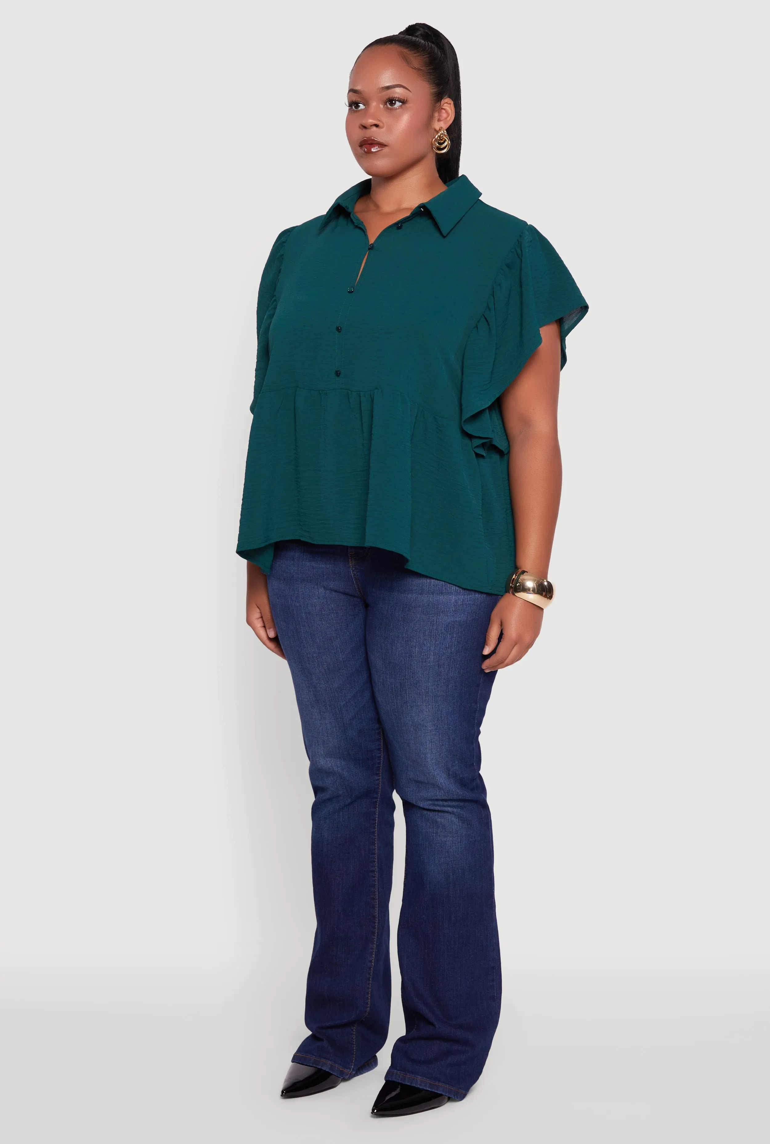 Plus Size Crepe Knit Button Front Peplum Blouse sold by Rainbow product image thumbnail 5