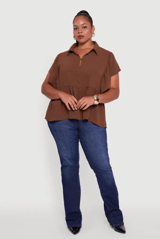 Plus Size Crepe Knit Button Front Peplum Blouse sold by Rainbow