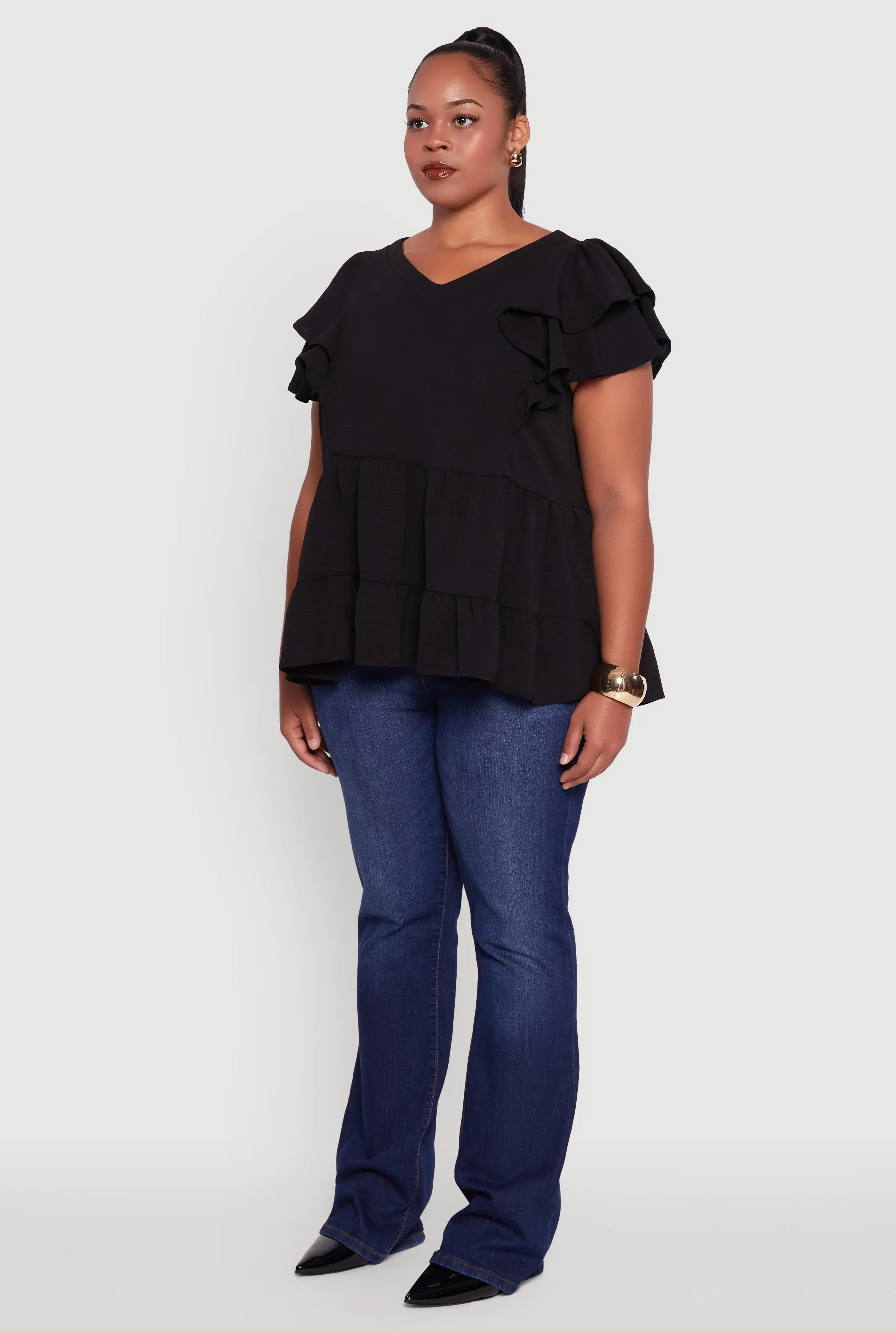 Plus Size Crepe Knit V-Neck Ruffle Tiered Blouse sold by Rainbow product image thumbnail 5