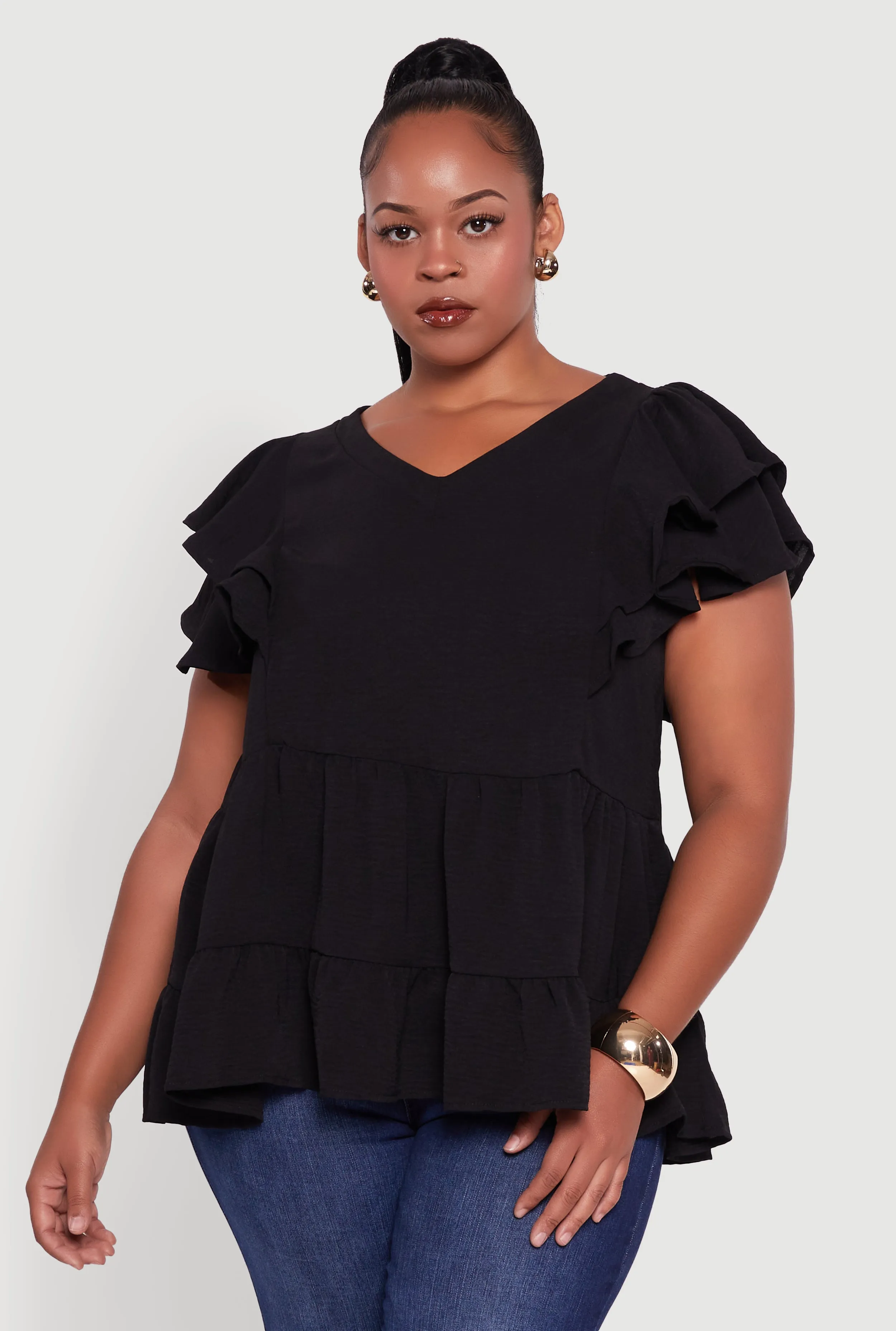 Plus Size Crepe Knit V-Neck Ruffle Tiered Blouse sold by Rainbow product image thumbnail 2