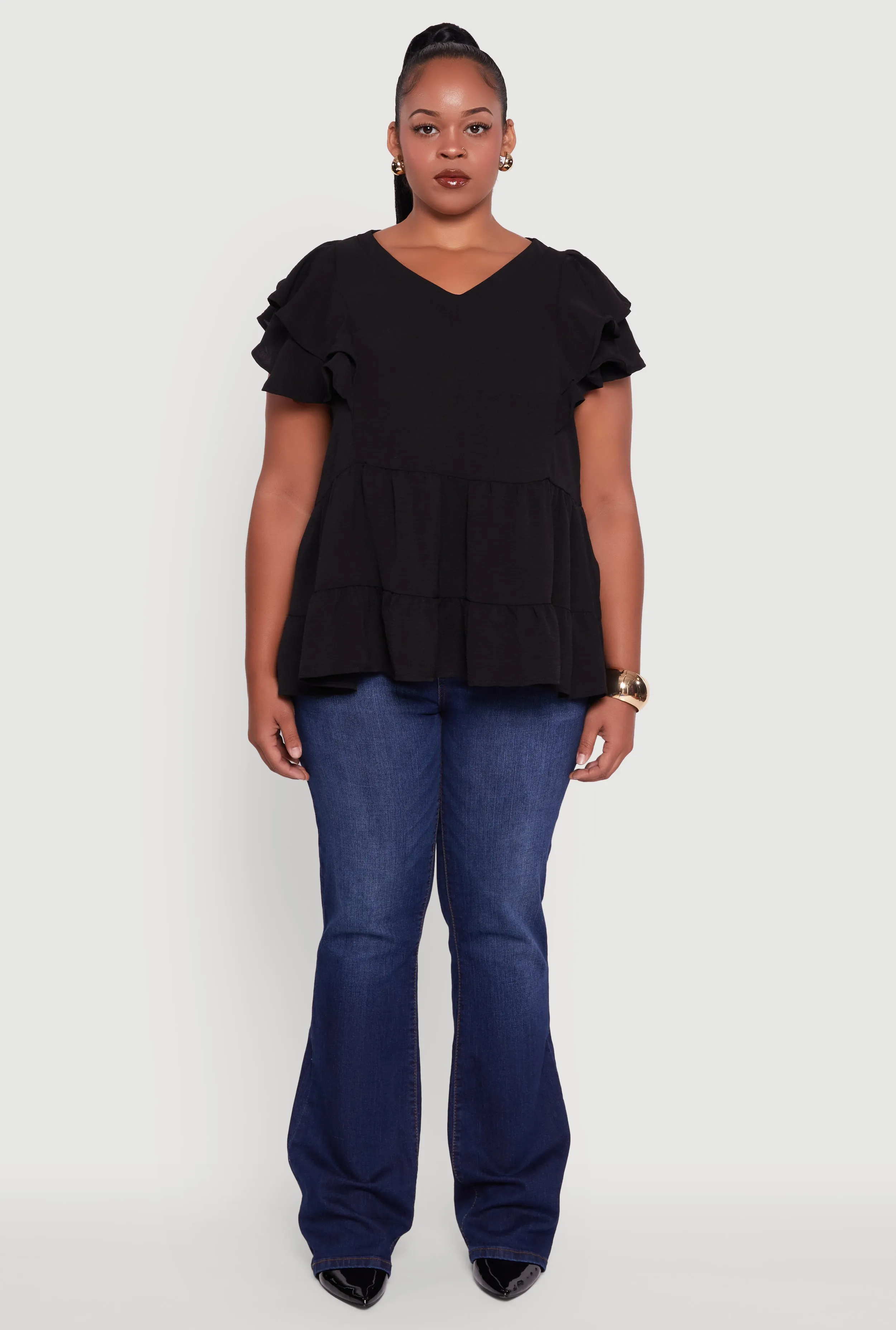 Plus Size Crepe Knit V-Neck Ruffle Tiered Blouse sold by Rainbow product image thumbnail 3