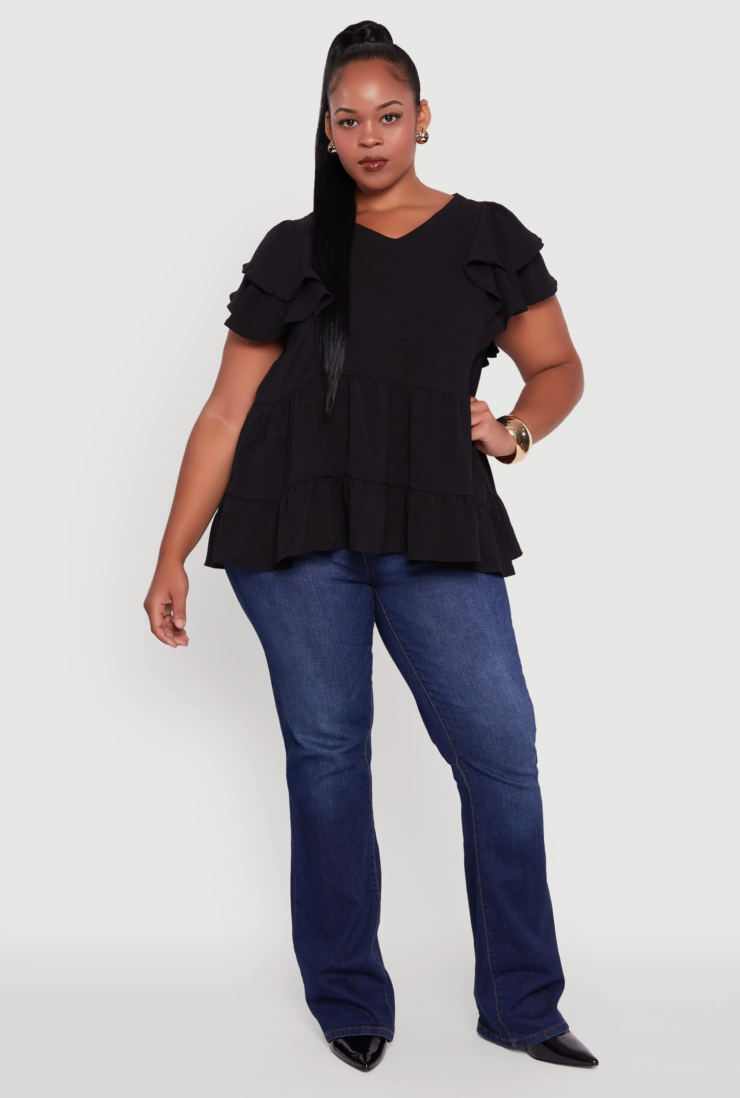 Plus Size Crepe Knit V-Neck Ruffle Tiered Blouse sold by Rainbow