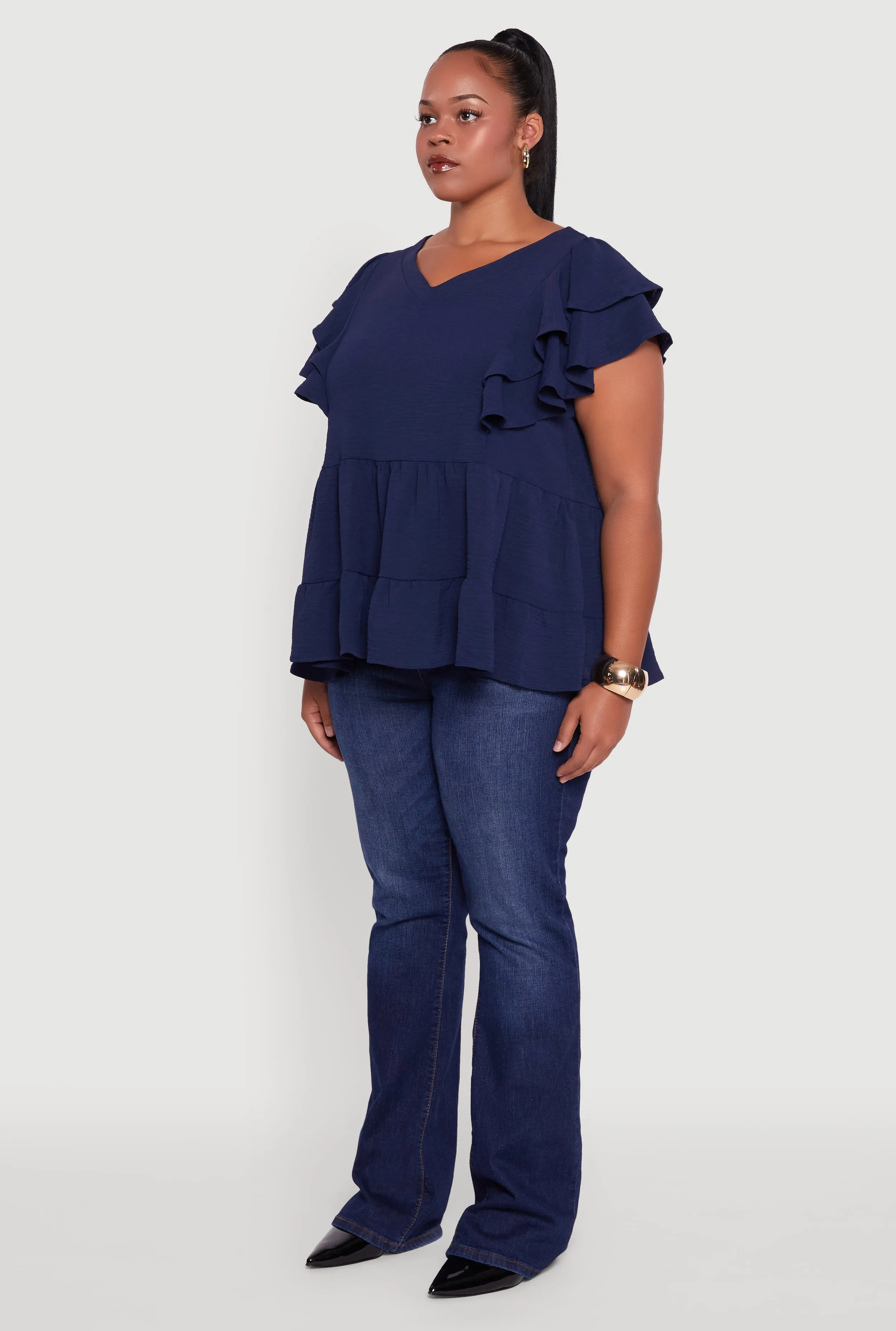 Plus Size Crepe Knit V-Neck Ruffle Tiered Blouse sold by Rainbow product image thumbnail 5