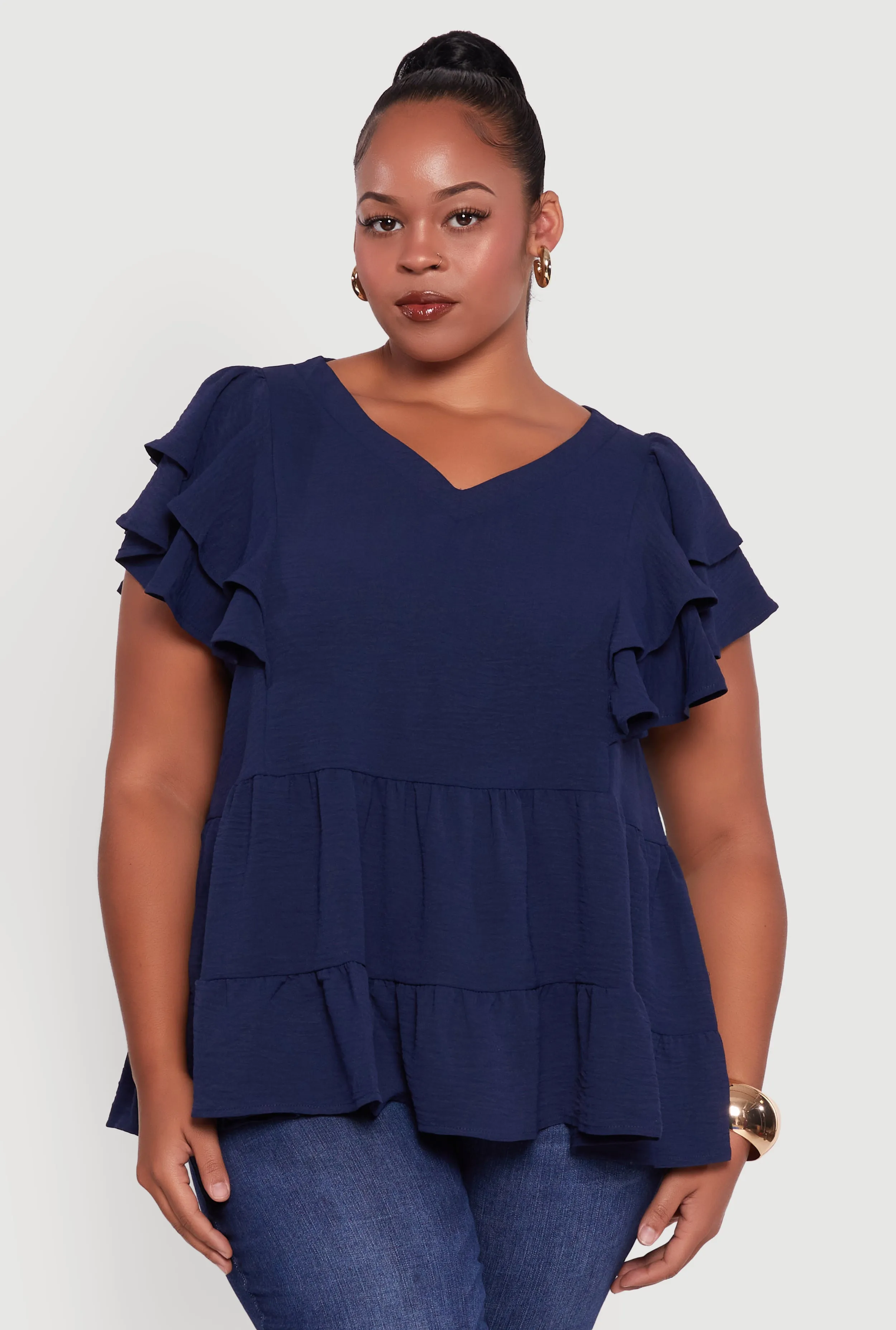 Plus Size Crepe Knit V-Neck Ruffle Tiered Blouse sold by Rainbow product image thumbnail 2