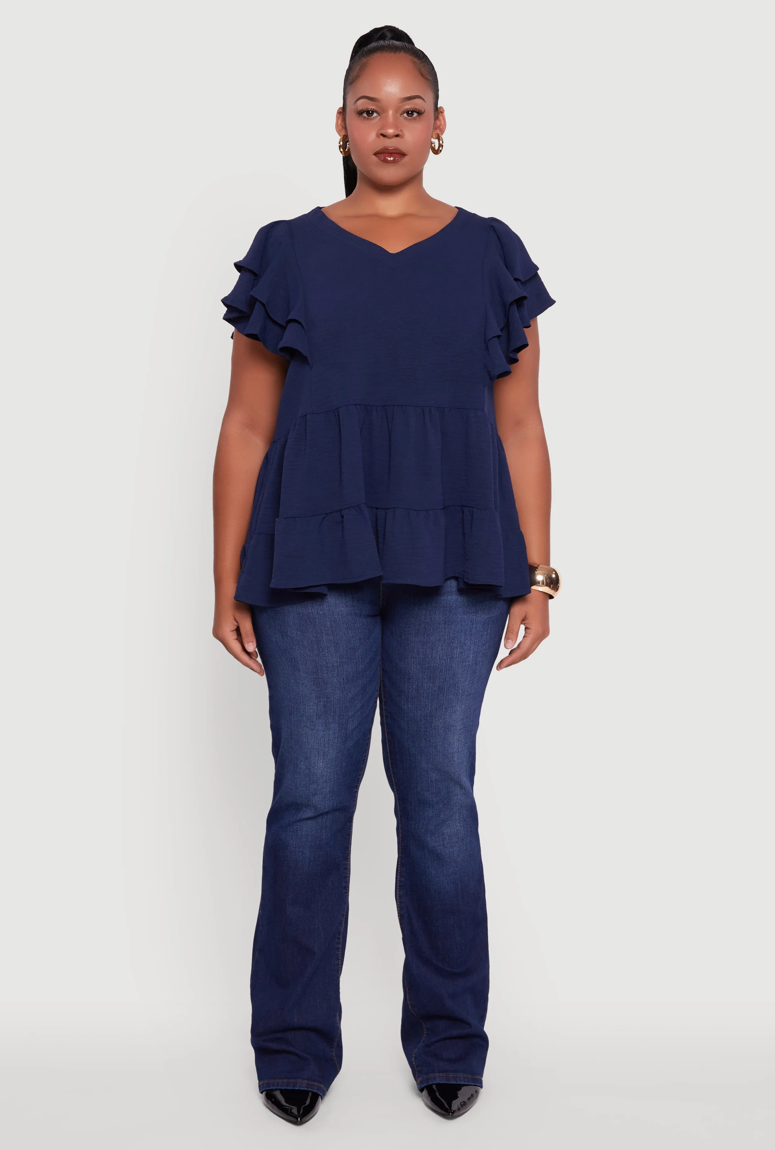 Plus Size Crepe Knit V-Neck Ruffle Tiered Blouse sold by Rainbow product image thumbnail 3