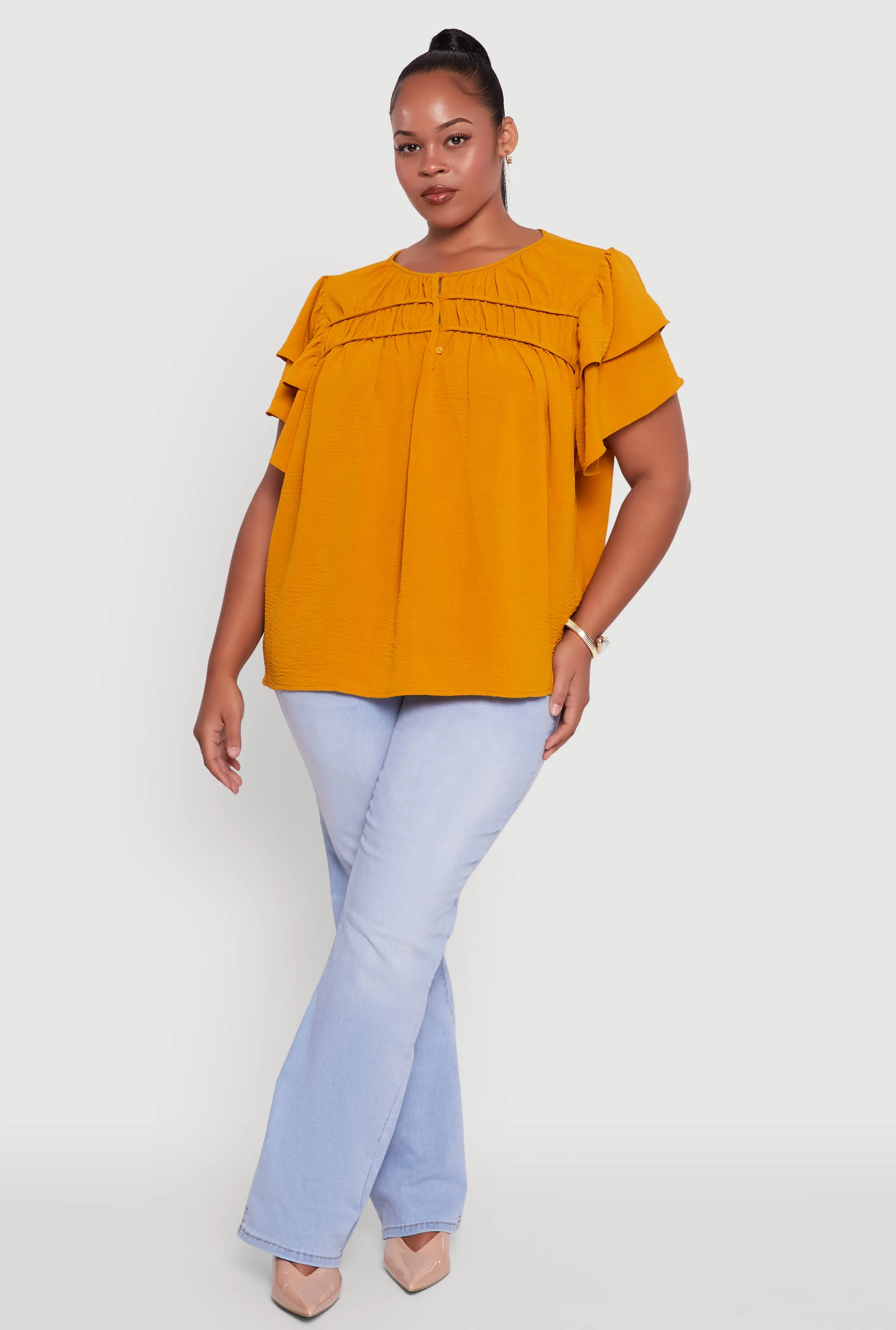 Trendy Plus Size Crepe Knit Peasant Blouse sold by Rainbow