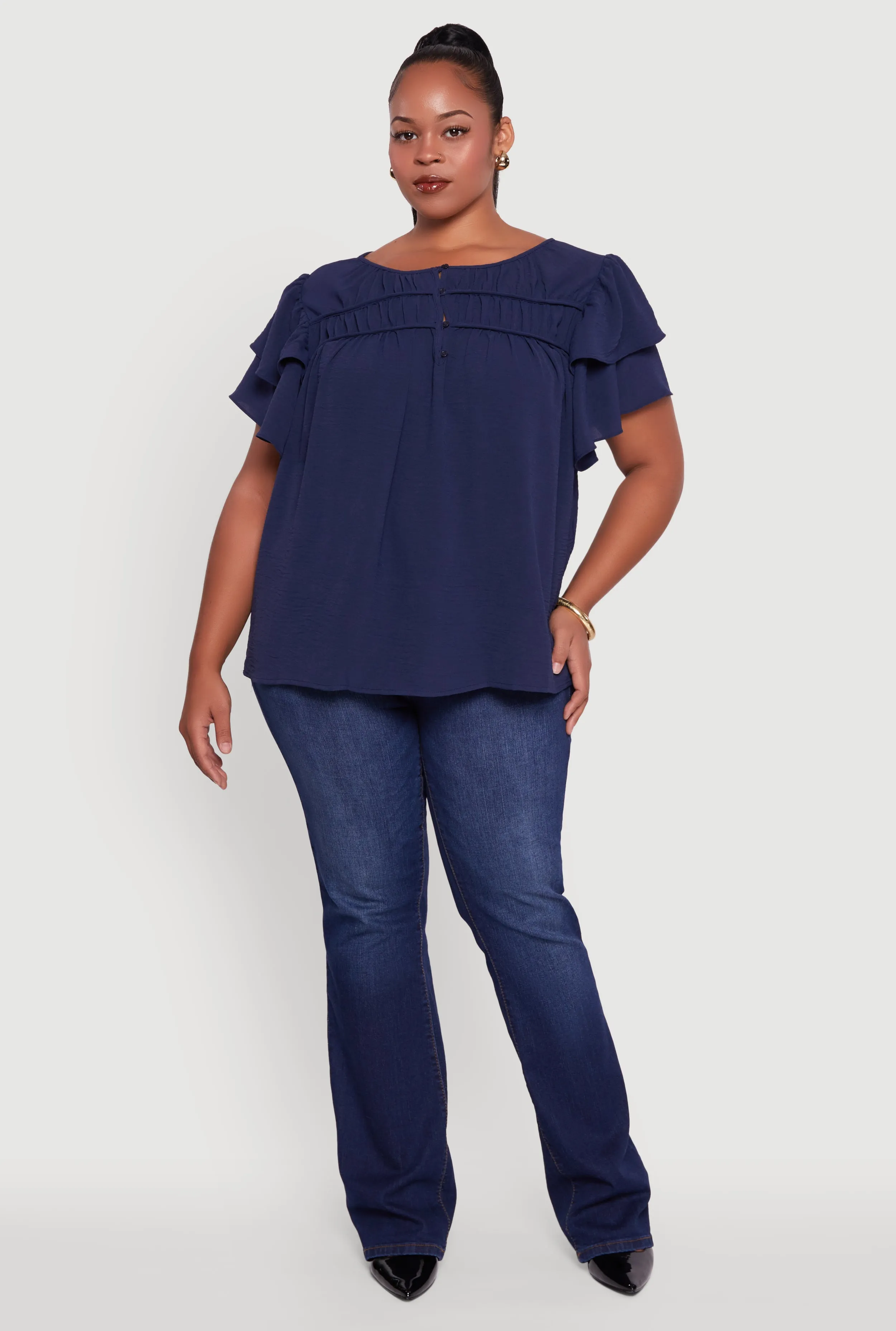 Trendy Plus Size Crepe Knit Peasant Blouse sold by Rainbow