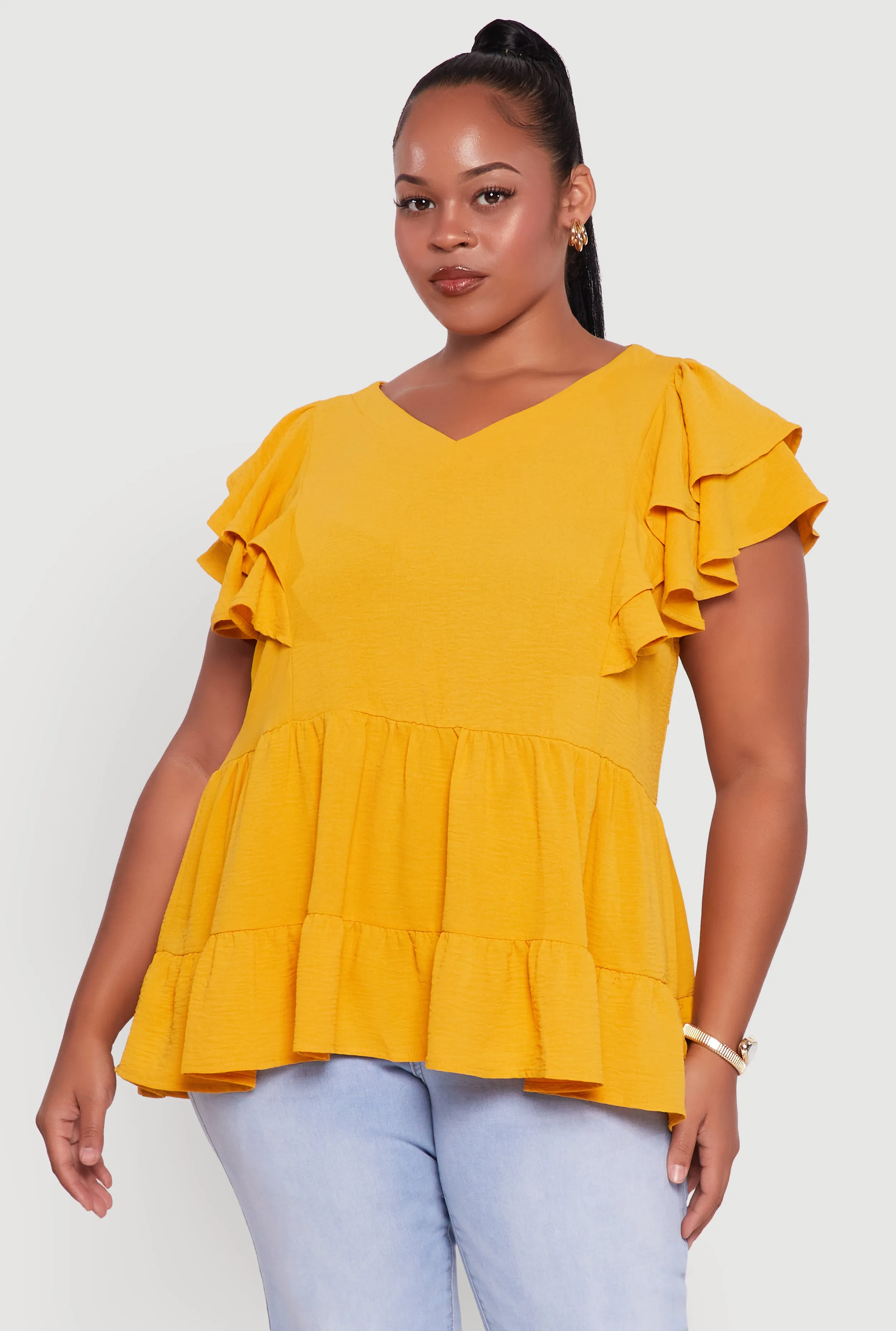 Plus Size Crepe Knit V-Neck Ruffle Tiered Blouse sold by Rainbow product image thumbnail 2