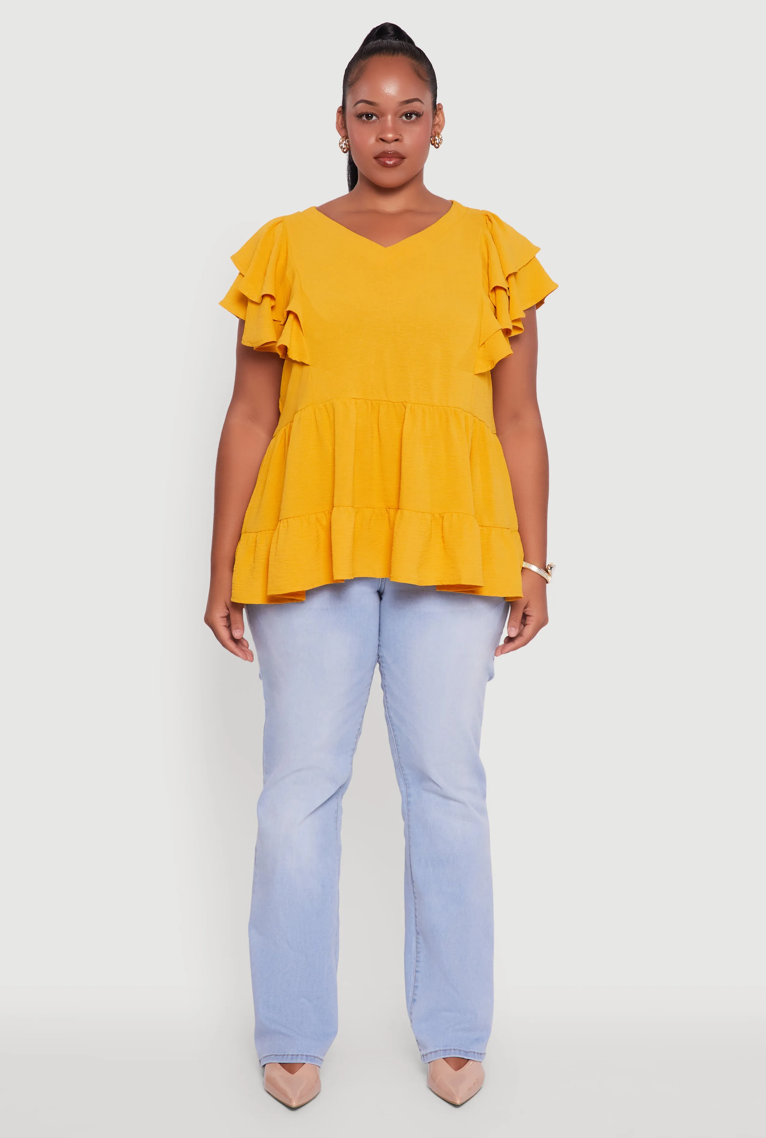 Plus Size Crepe Knit V-Neck Ruffle Tiered Blouse sold by Rainbow product image thumbnail 3