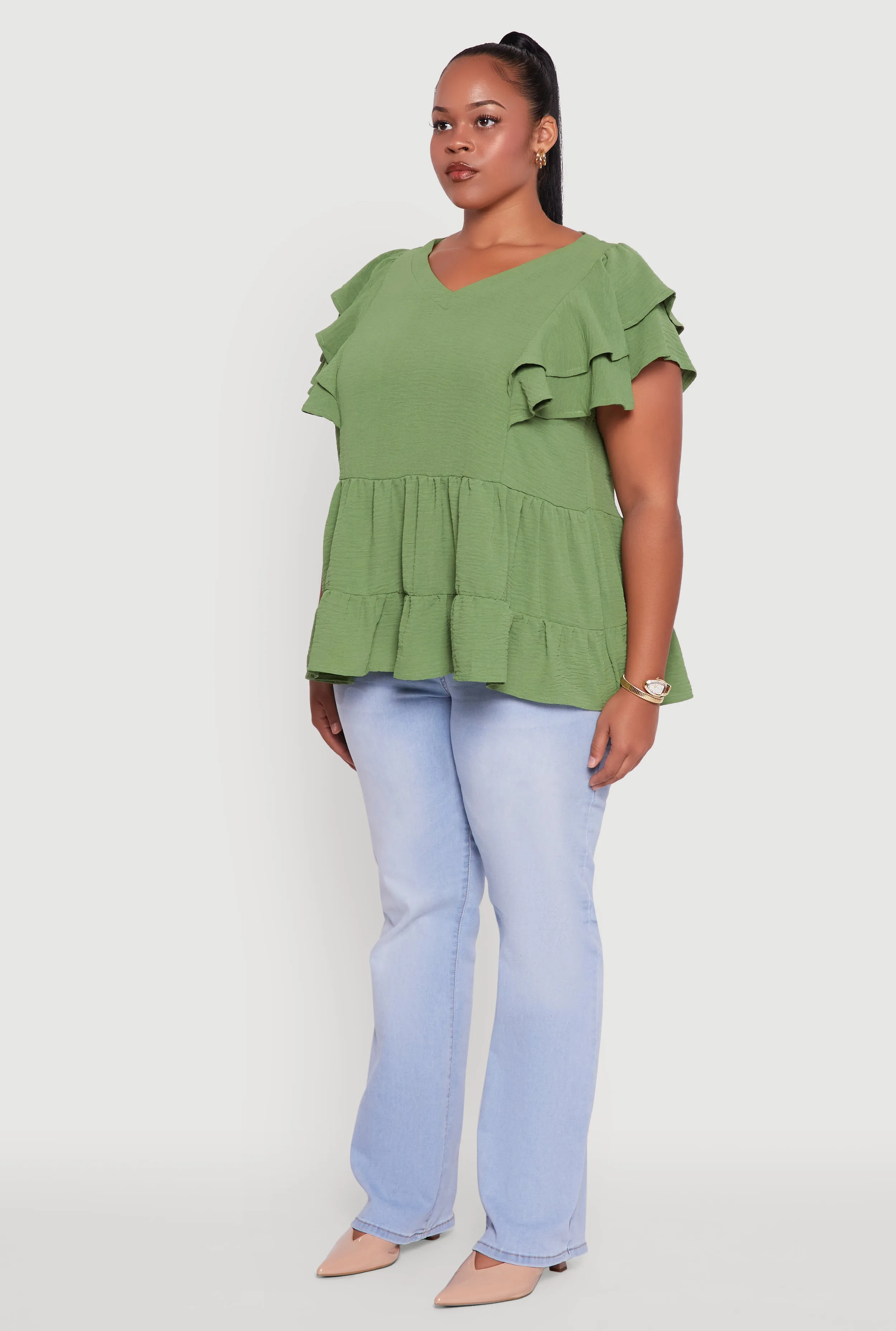 Plus Size Crepe Knit V-Neck Ruffle Tiered Blouse sold by Rainbow product image thumbnail 5