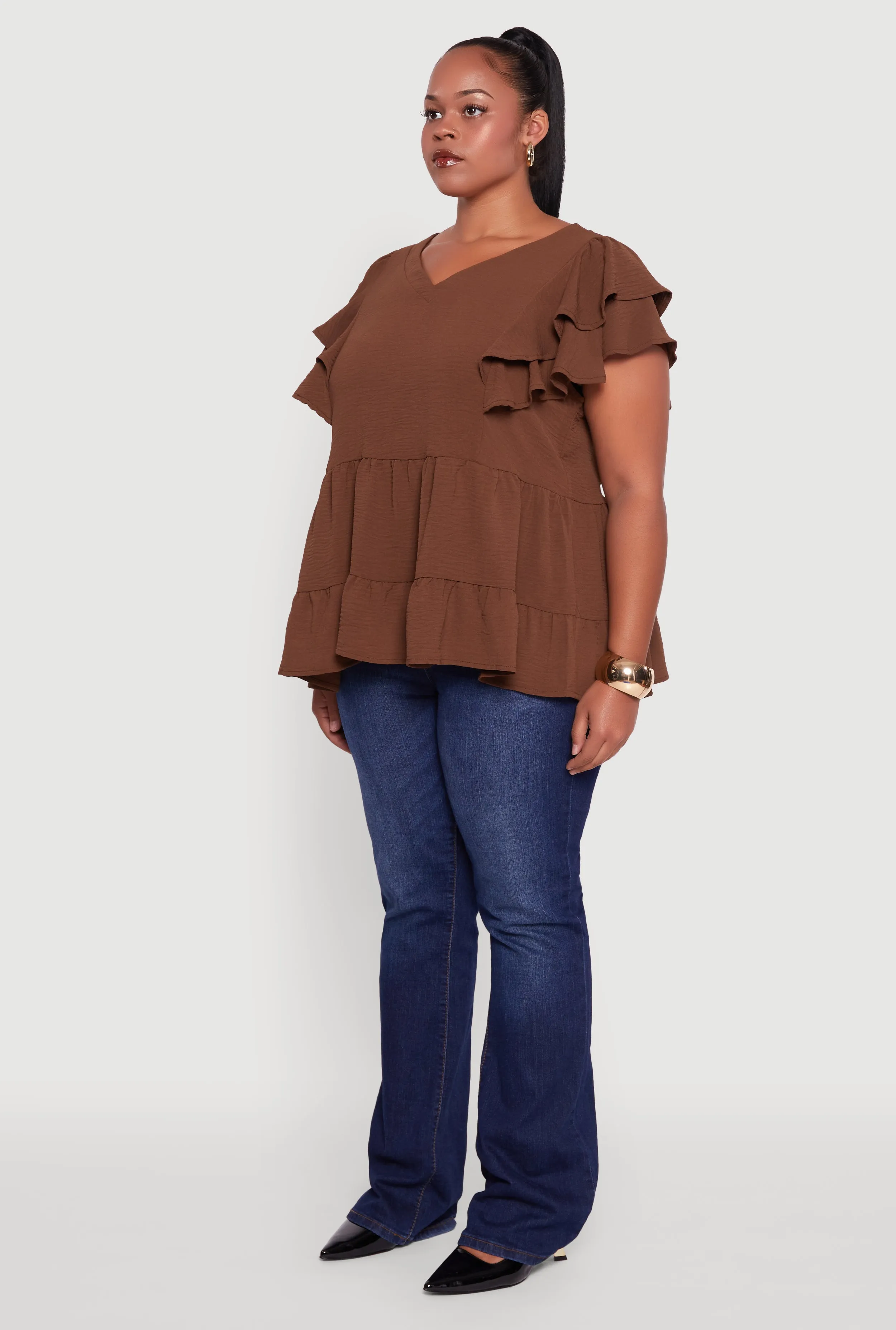 Plus Size Crepe Knit V-Neck Ruffle Tiered Blouse sold by Rainbow product image thumbnail 5