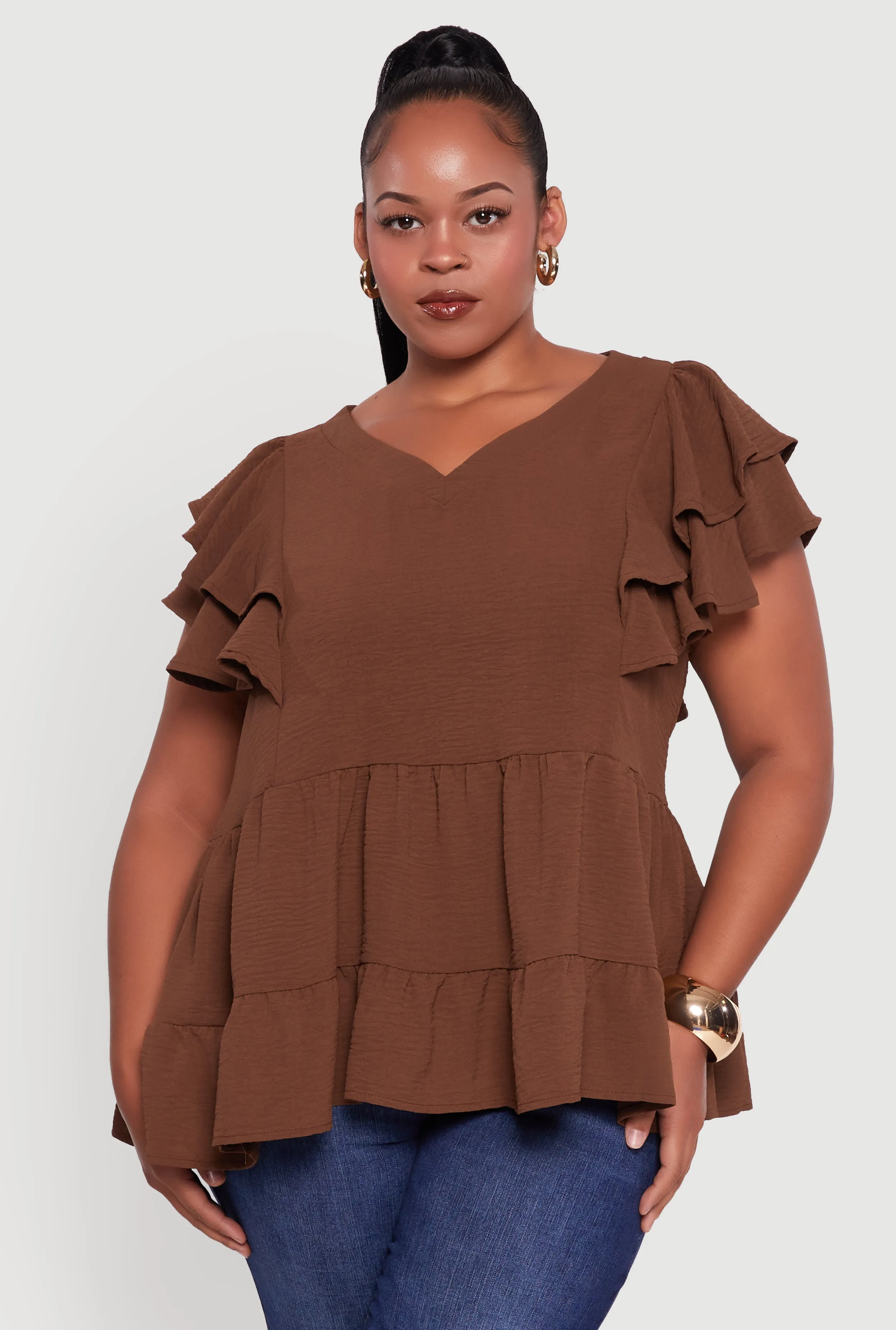 Plus Size Crepe Knit V-Neck Ruffle Tiered Blouse sold by Rainbow product image thumbnail 2