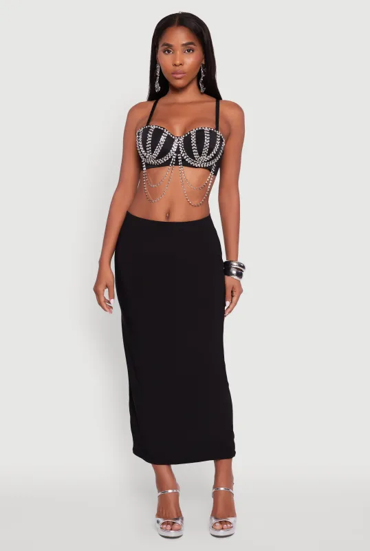 Metallic Rhinestone Fringe Bustier Crop Top sold by Rainbow
