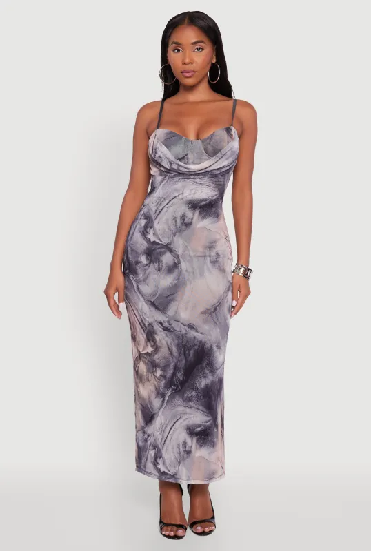 Printed Pattern Open Back Cowl Neck Mesh Maxi Dress sold by Rainbow