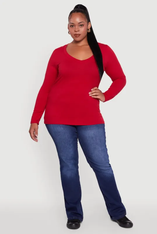 Plus Size Long Sleeve V-Neck Tee sold by Rainbow