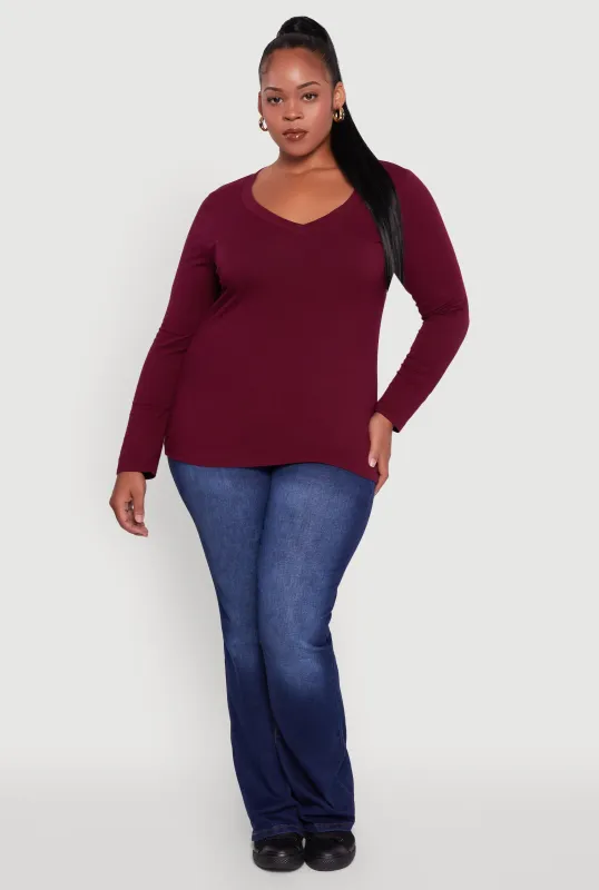 Plus Size Long Sleeve V-Neck Tee sold by Rainbow