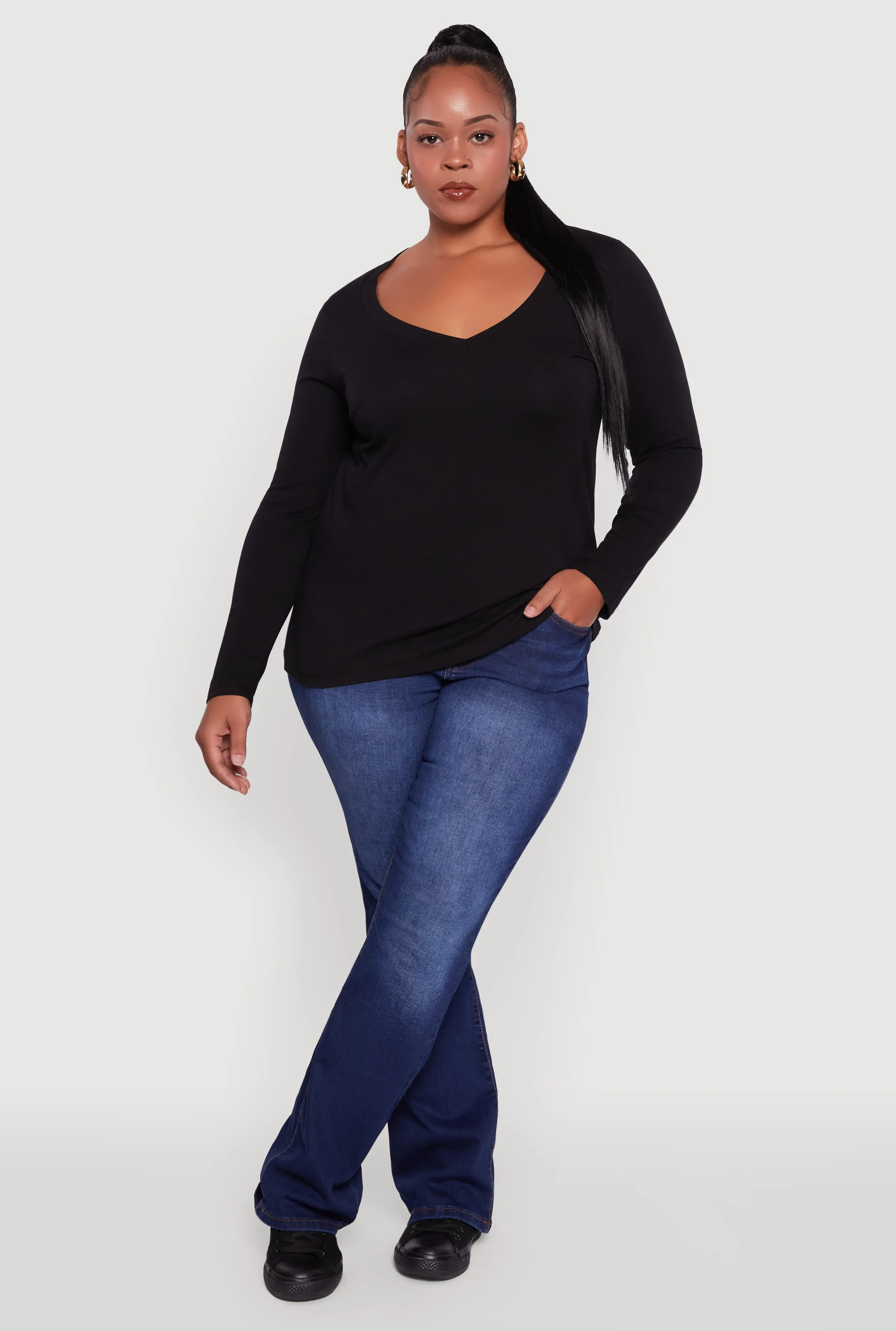 Plus Size Long Sleeve V-Neck Tee sold by Rainbow