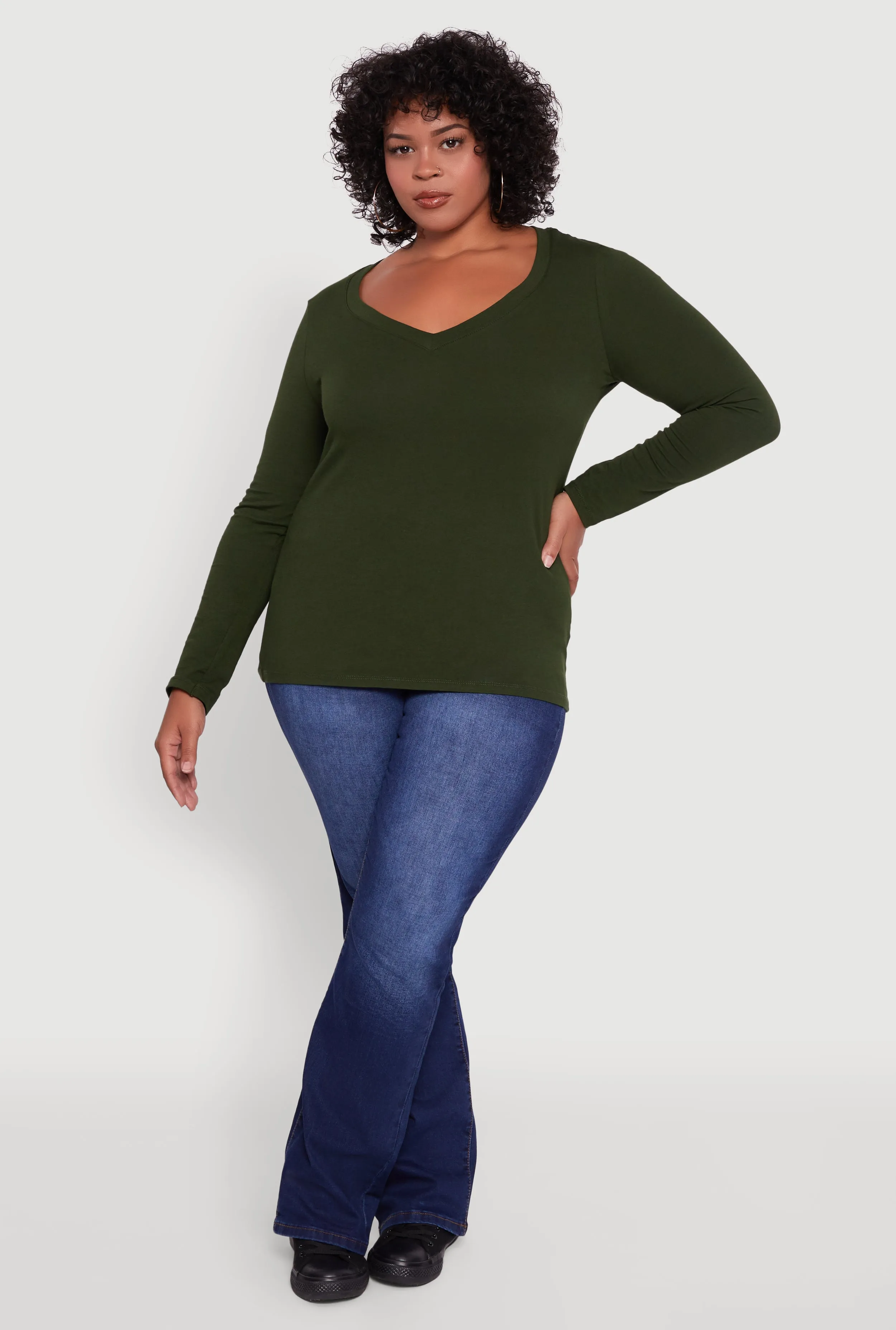 Plus Size Long Sleeve V-Neck Tee sold by Rainbow