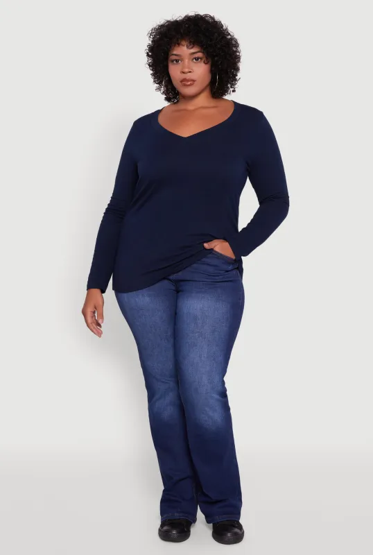 Plus Size Long Sleeve V-Neck Tee sold by Rainbow