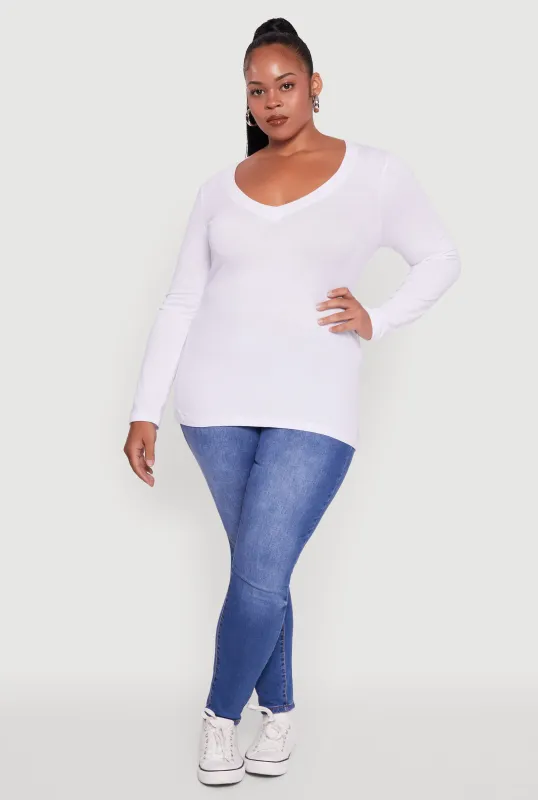 Plus Size Long Sleeve V-Neck Tee sold by Rainbow