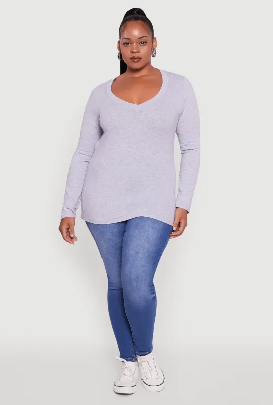 Plus Size Long Sleeve V-Neck Tee sold by Rainbow
