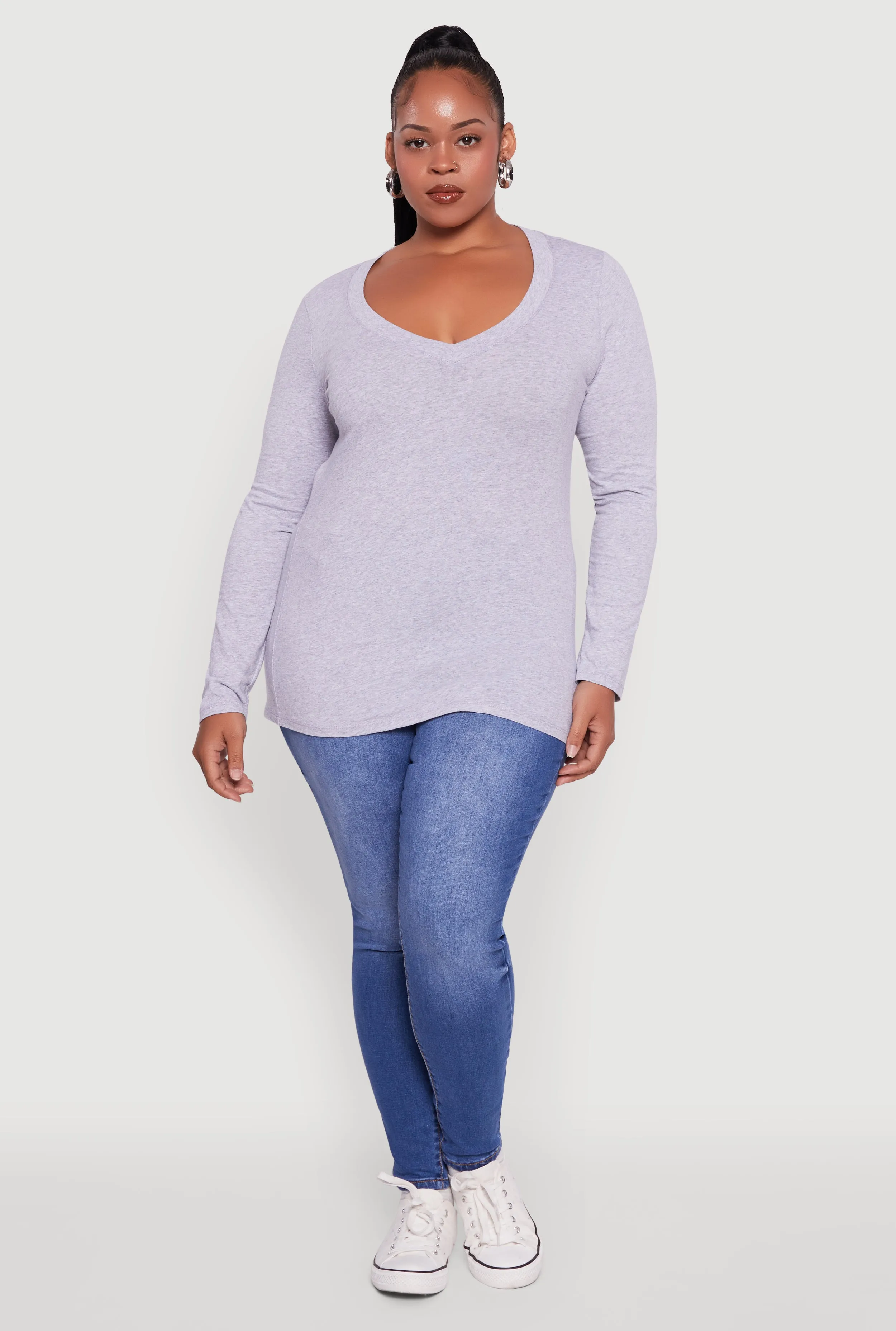 Plus Size Long Sleeve V-Neck Tee sold by Rainbow