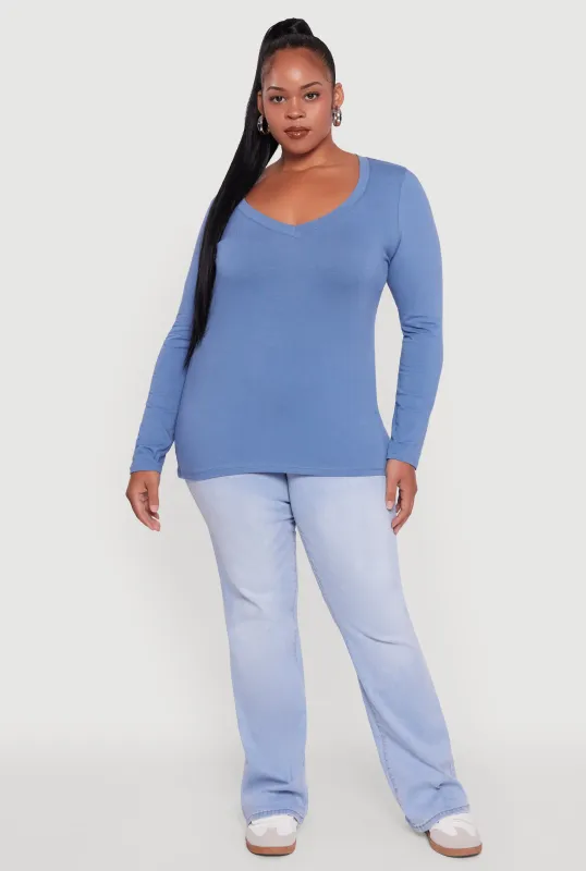 Plus Size Long Sleeve V-Neck Tee sold by Rainbow