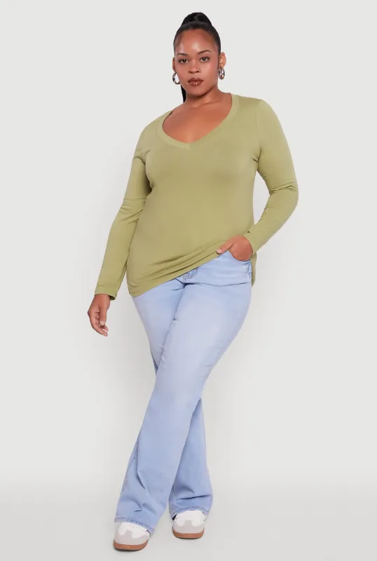 Plus Size Long Sleeve V-Neck Tee sold by Rainbow