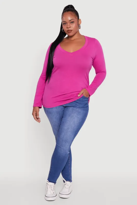 Plus Size Long Sleeve V-Neck Tee sold by Rainbow