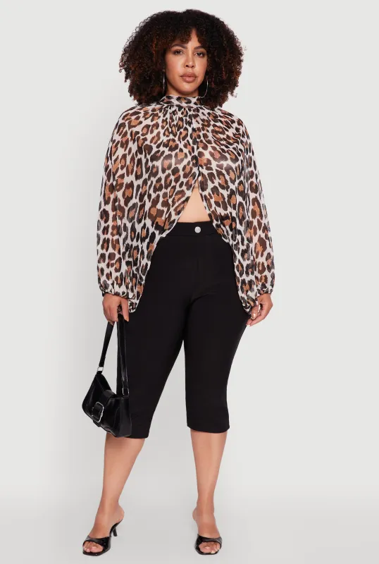 Plus Size Sheer Tie Front Animal Print Crop Top sold by Rainbow