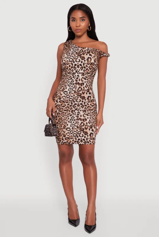 Trendy Asymmetrical Shoulder Ruched Leopard Print Dress sold by Rainbow