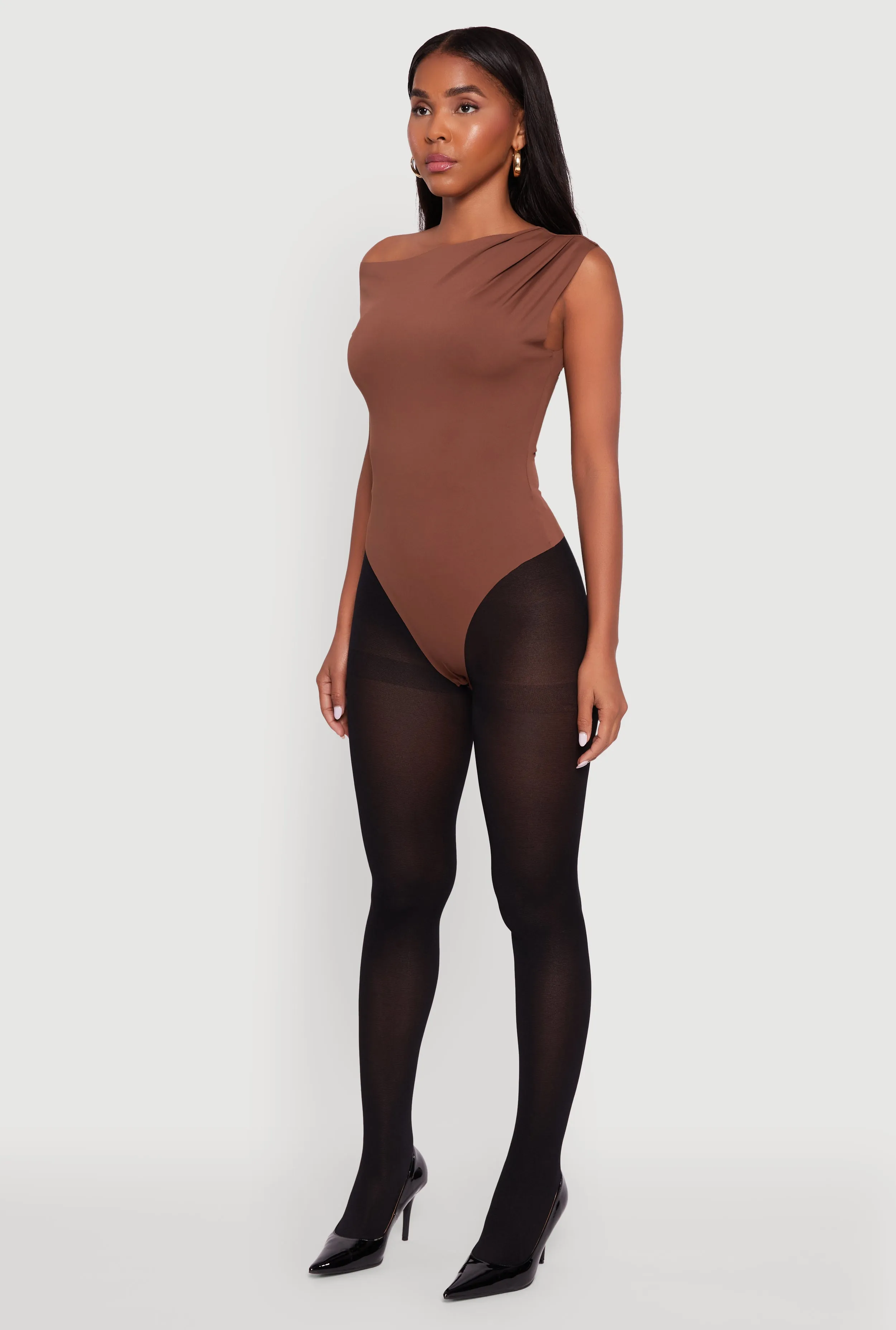 Trendy Asymmetrical Shoulder Ruched Bodysuit sold by Rainbow product image thumbnail 5