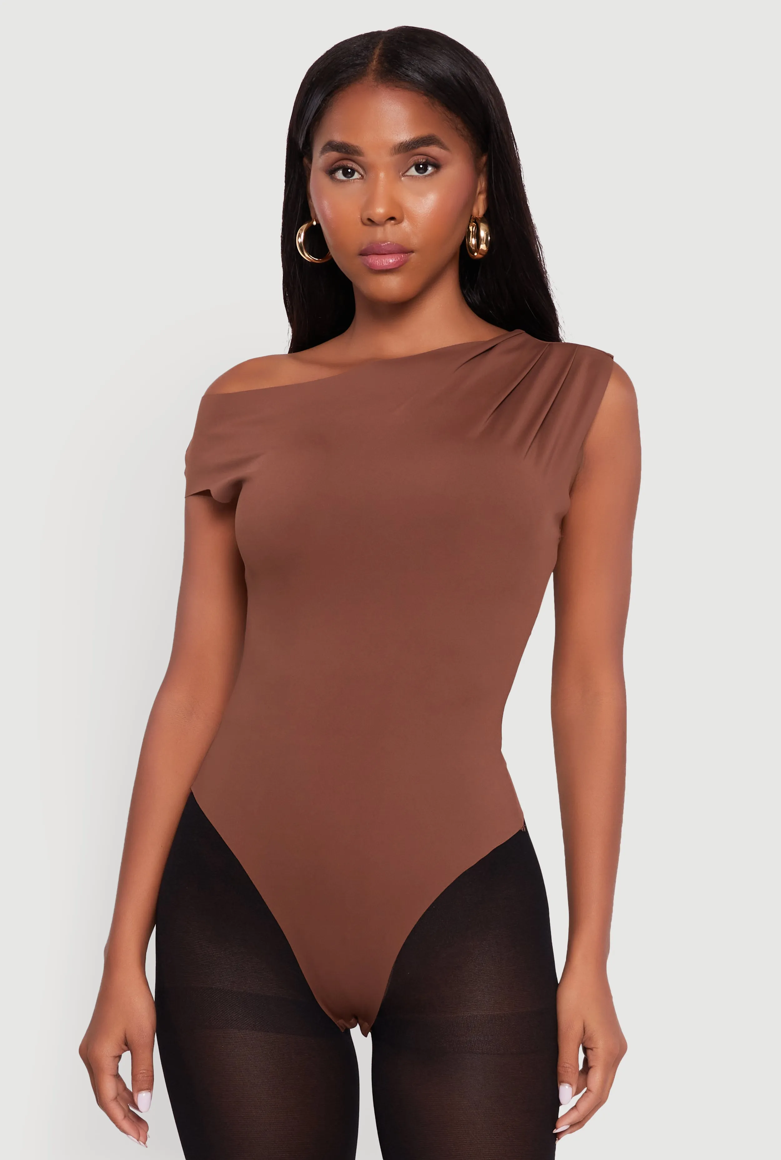 Trendy Asymmetrical Shoulder Ruched Bodysuit sold by Rainbow product image thumbnail 2