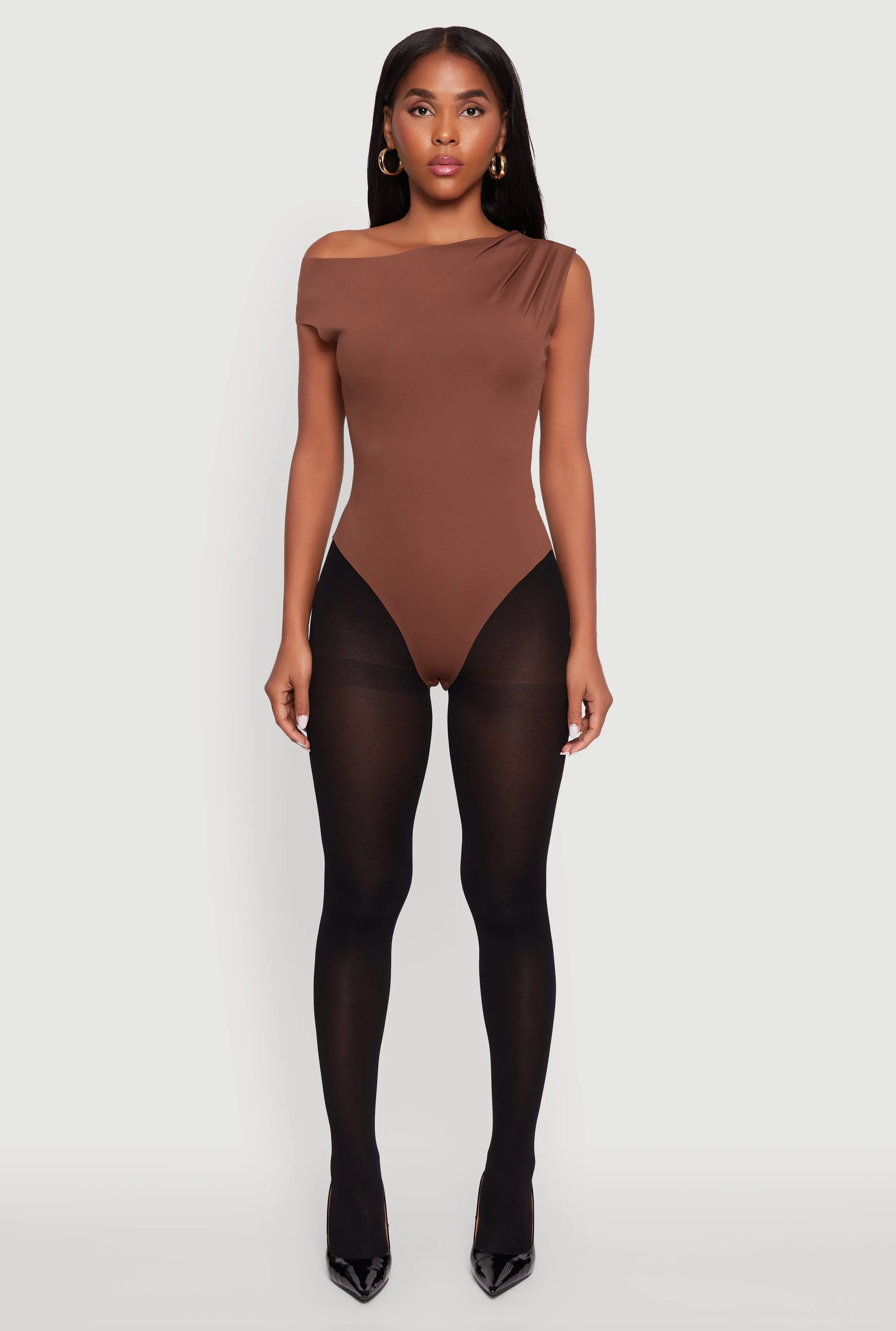 Trendy Asymmetrical Shoulder Ruched Bodysuit sold by Rainbow product image thumbnail 3