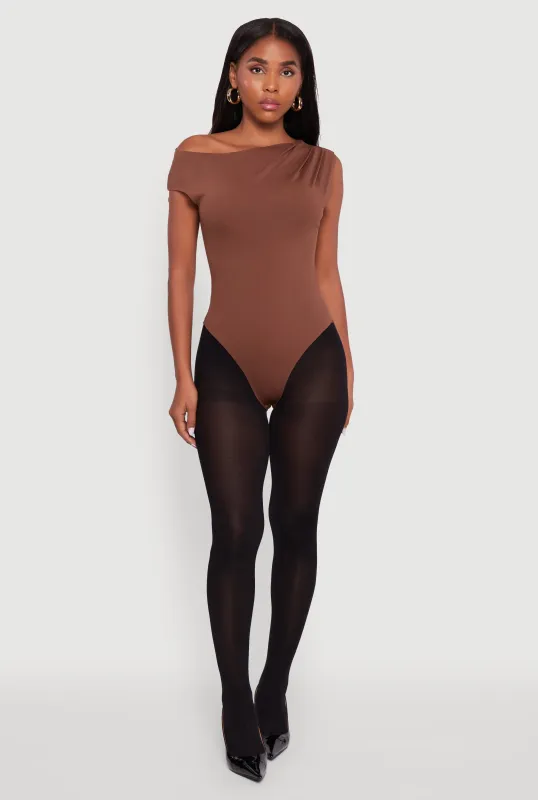 Trendy Asymmetrical Shoulder Ruched Bodysuit made by Rainbow