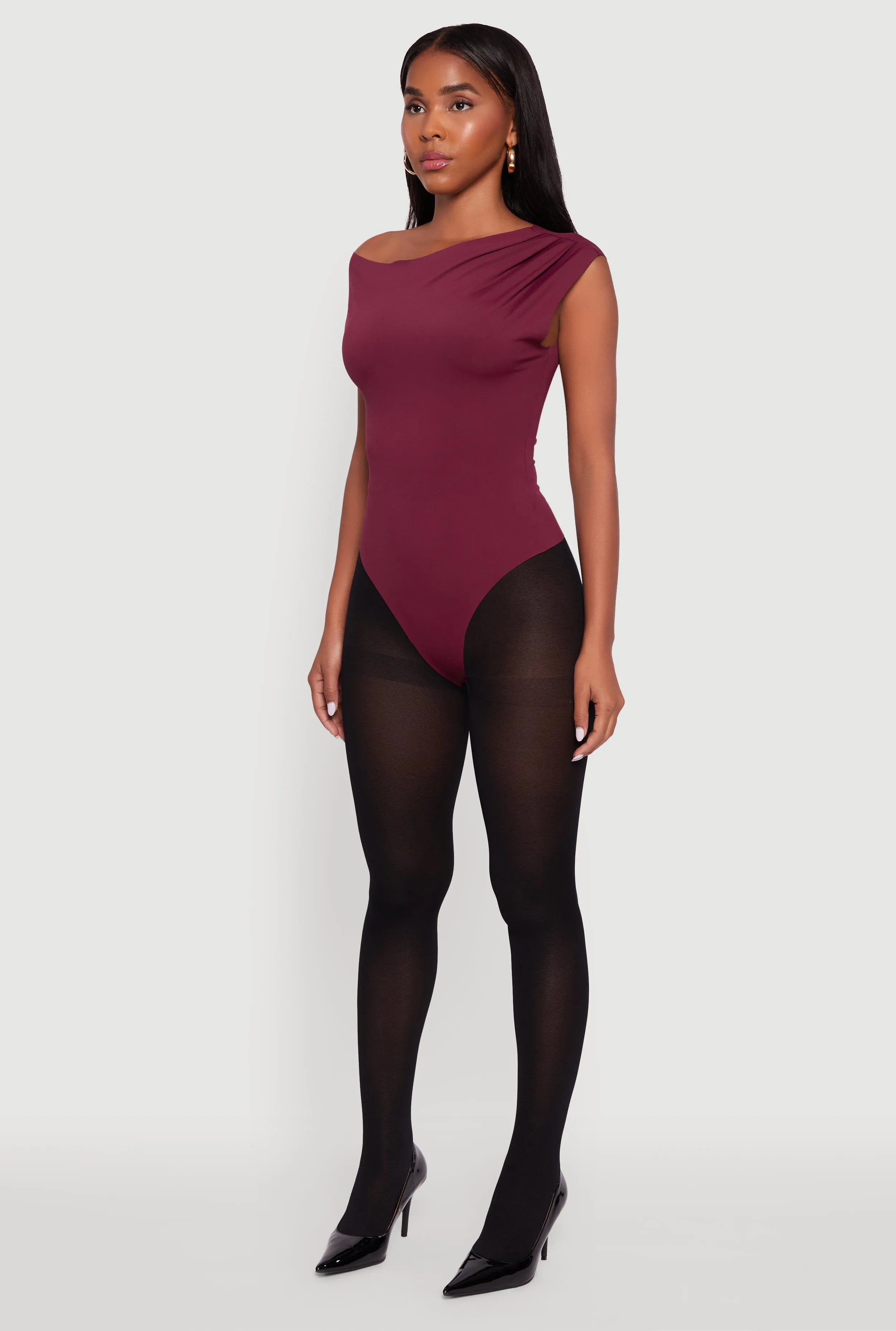 Trendy Asymmetrical Shoulder Ruched Bodysuit sold by Rainbow product image thumbnail 5