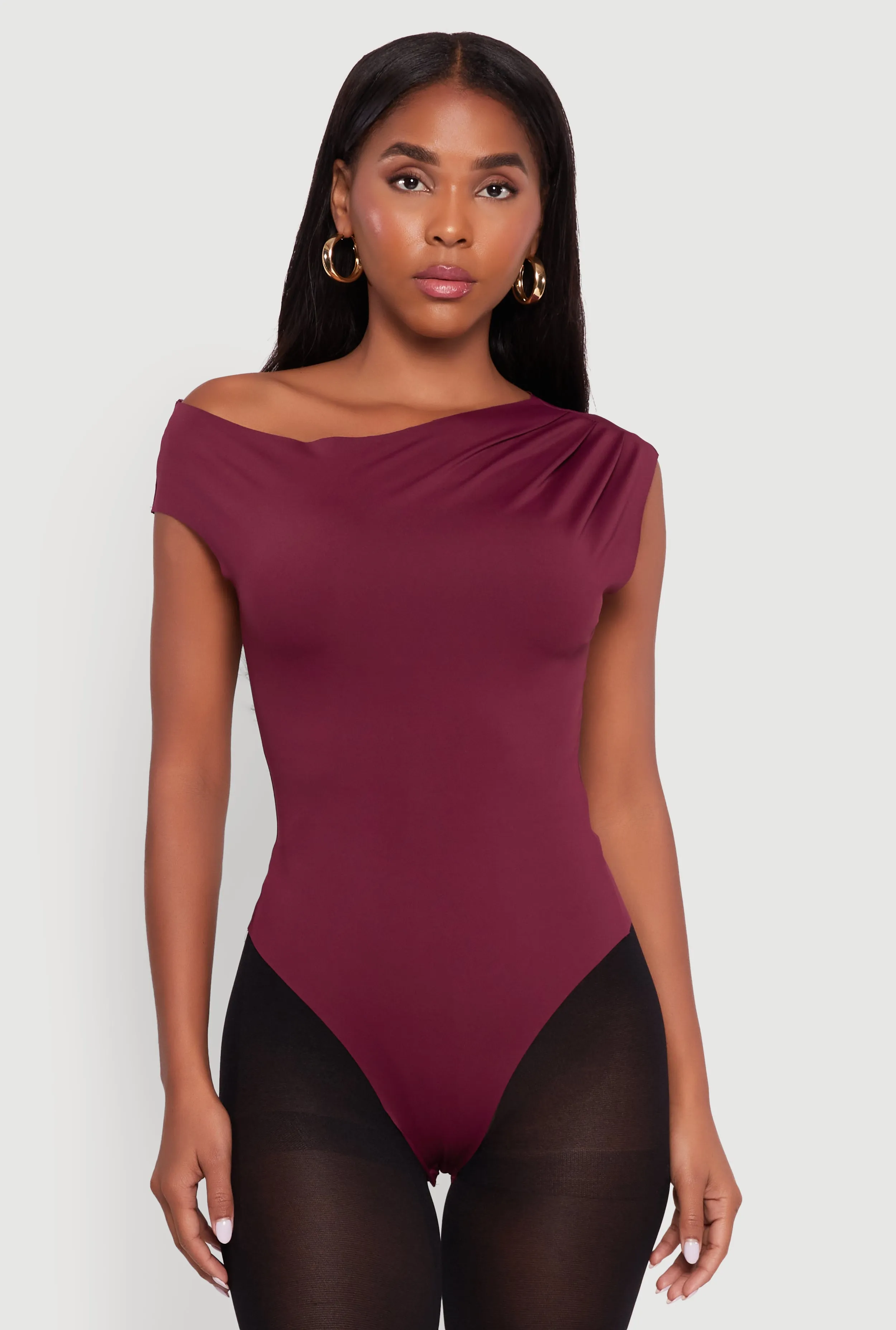Trendy Asymmetrical Shoulder Ruched Bodysuit sold by Rainbow product image thumbnail 2
