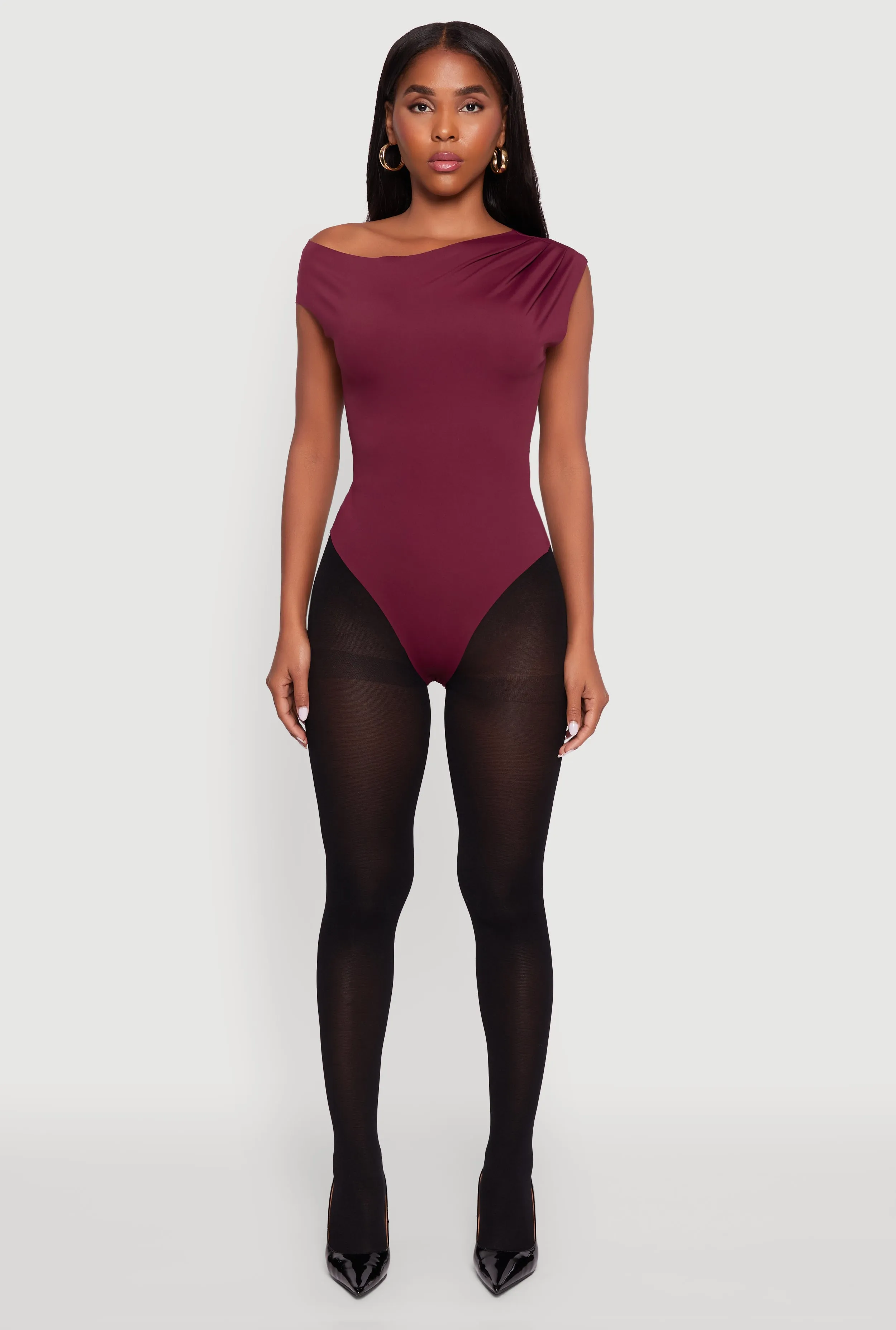 Trendy Asymmetrical Shoulder Ruched Bodysuit sold by Rainbow product image thumbnail 3