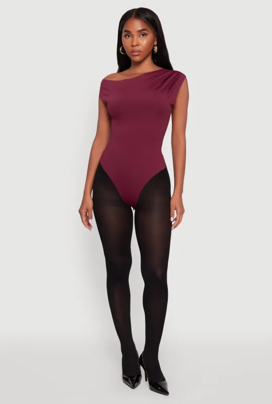 Trendy Asymmetrical Shoulder Ruched Bodysuit made by Rainbow